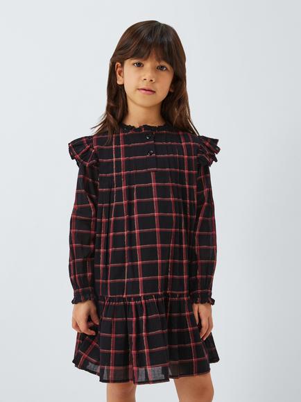 John Lewis Kids' Tartan Frill Dress, Red, Black, Red, Black