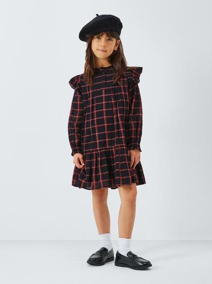 John Lewis Kids' Tartan Frill Dress, Red, Black - view 2, Red, Black
