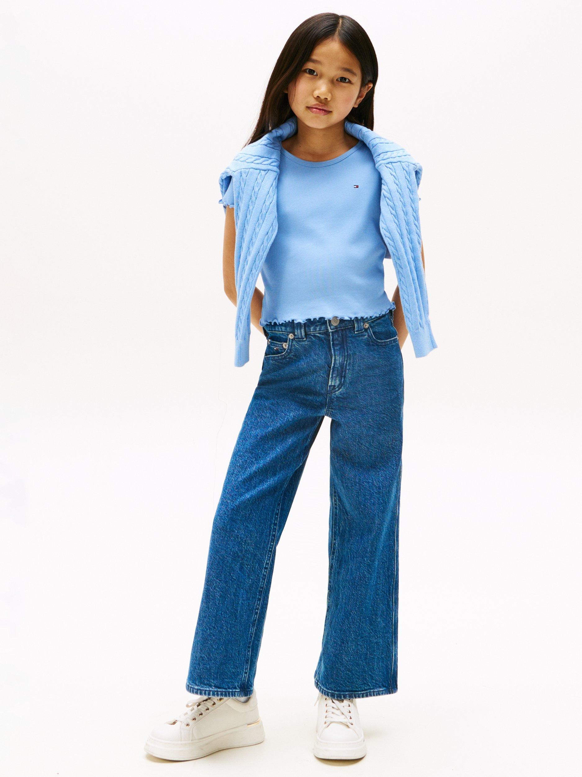 Product image 3 of 5, which shows Tommy Hilfiger Kids' Cotton Short Sleeved Ruffle T-shirt, Cloudy Blue, 3 years