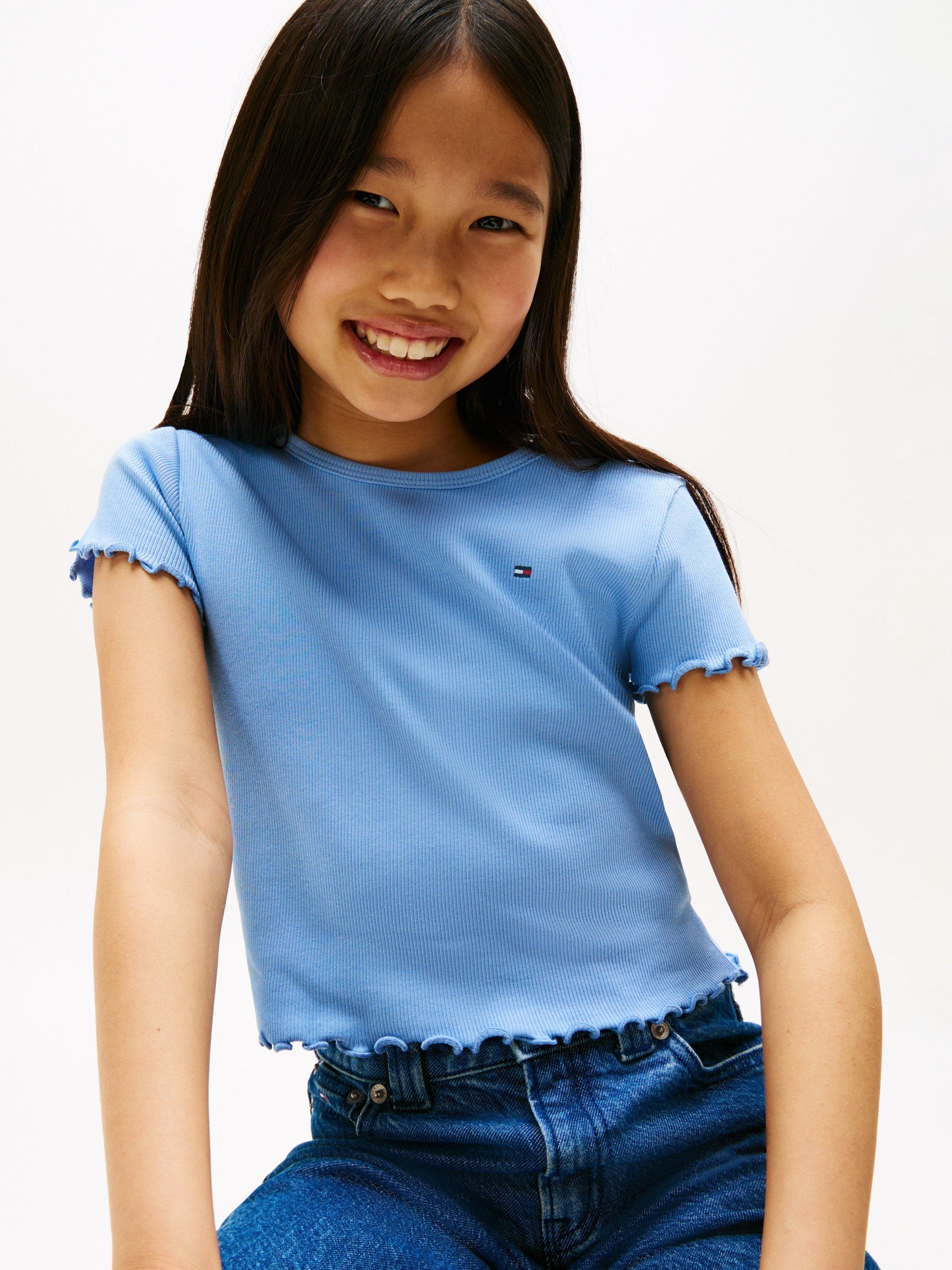 Product image 4 of 5, which shows Tommy Hilfiger Kids' Cotton Short Sleeved Ruffle T-shirt, Cloudy Blue, 3 years