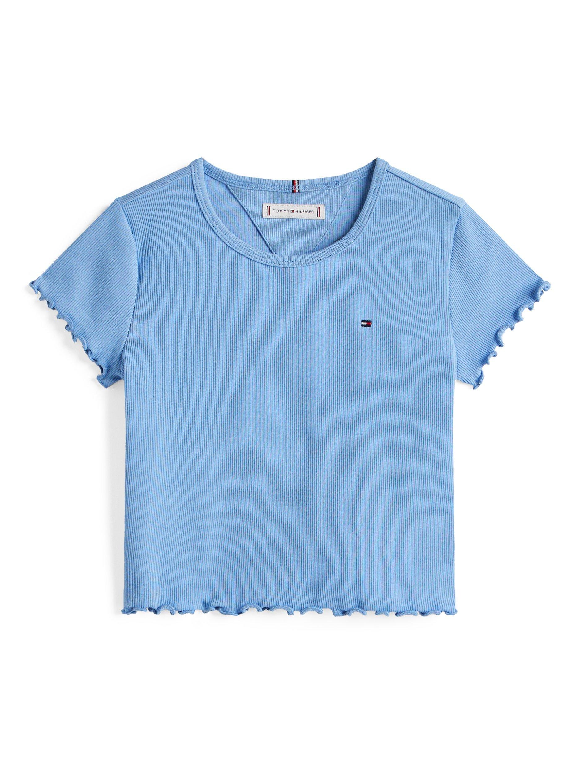 Product image 5 of 5, which shows Tommy Hilfiger Kids' Cotton Short Sleeved Ruffle T-shirt, Cloudy Blue, 3 years