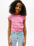 Tommy Hilfiger Kids' Cotton Blend Striped Ruffle T-Shirt, Jewel Pink Stripes