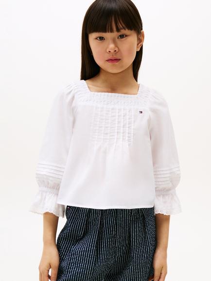 Tommy Hilfiger Kids' Cotton Broderie Long Sleeved Pintuck Blouse, White, White