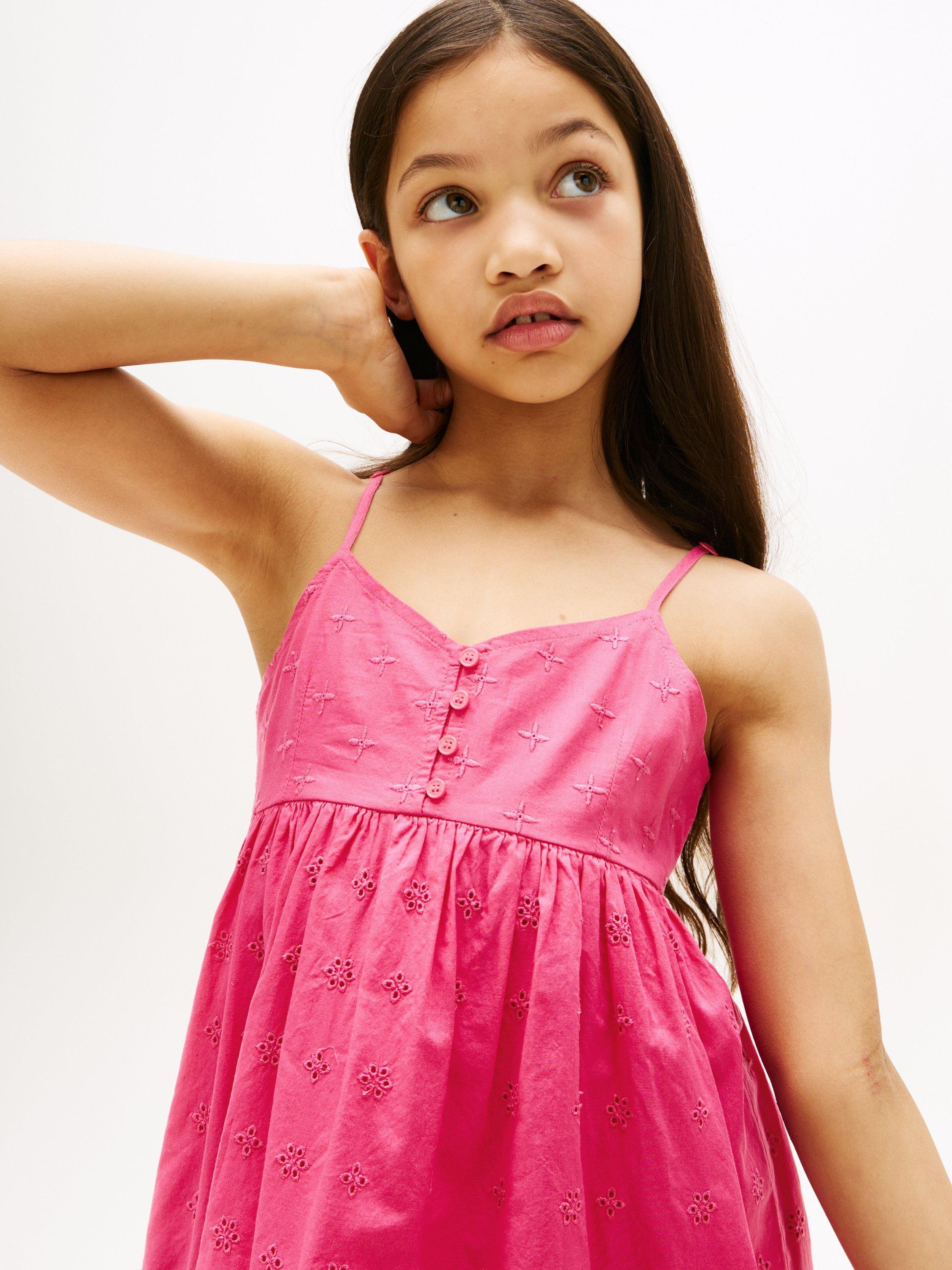 Product image 4 of 5, which shows Tommy Hilfiger Kids' Cotton Broderie Sleeveless Tiered Dress, Jewel Pink, 5 years