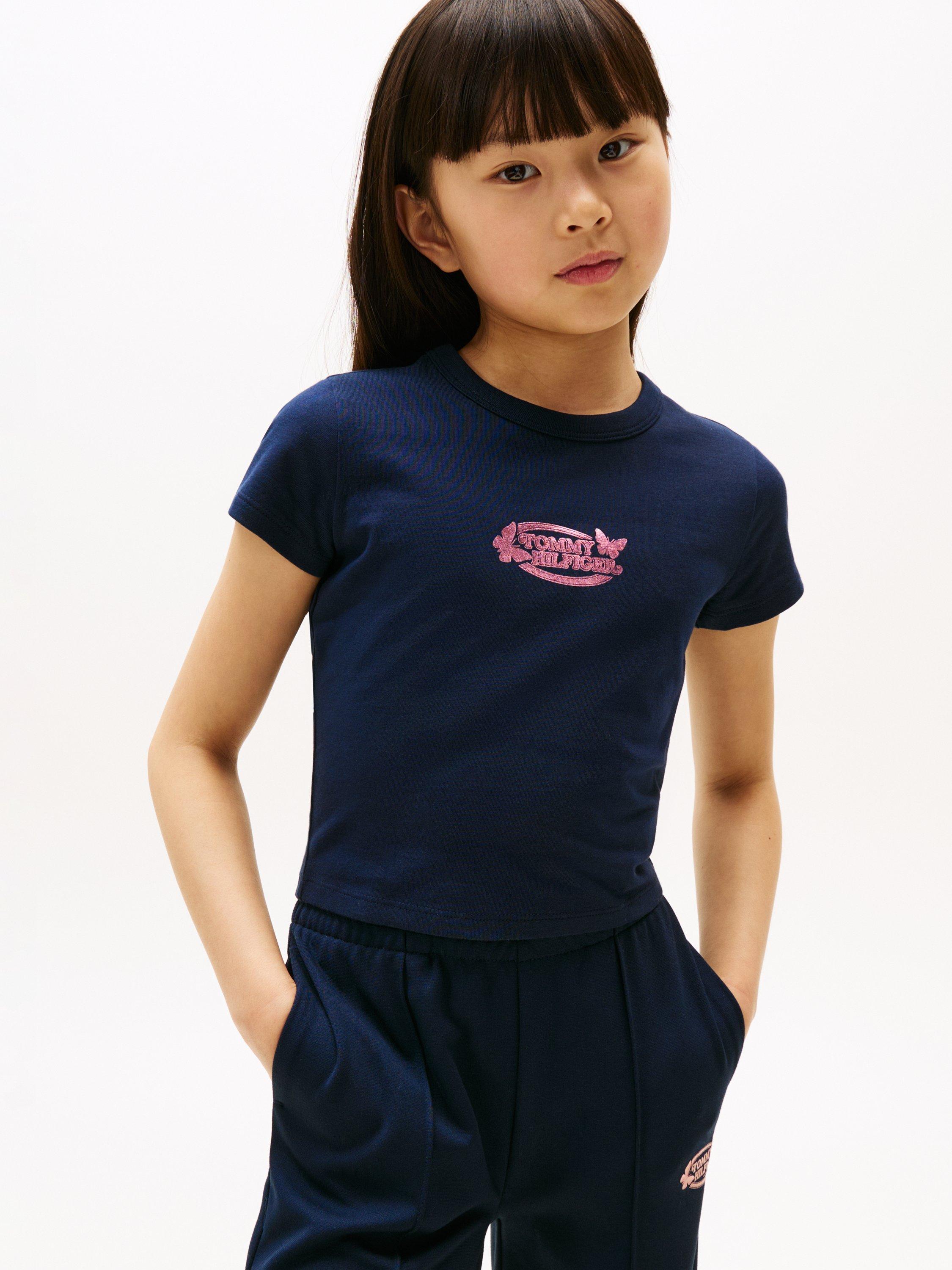 Product image 1 of 5, which shows Tommy Hilfiger Kid's Cotton Slim Fit Butterfly Logo T-Shirt, Dark Night Navy, 3 years