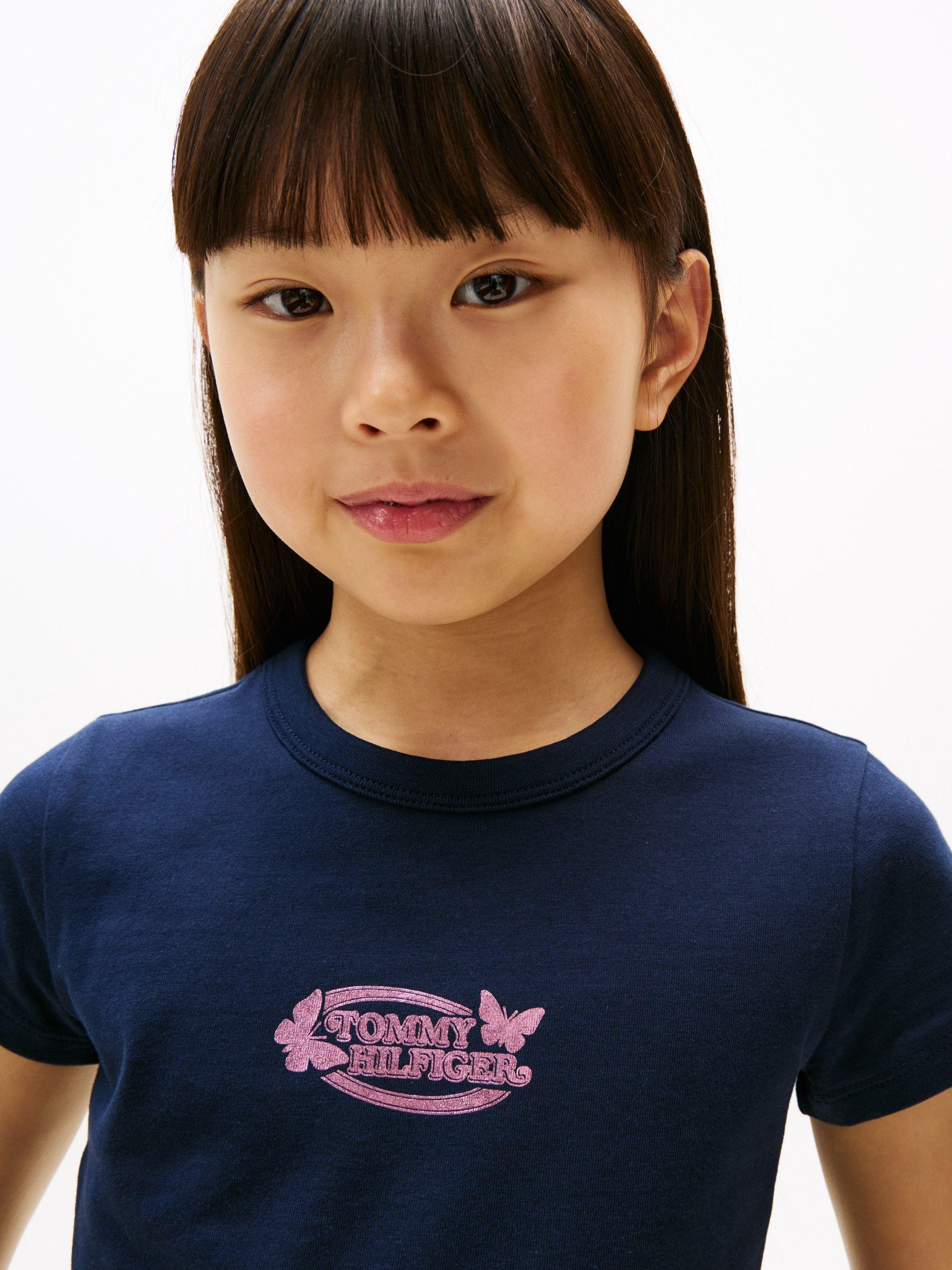 Product image 4 of 5, which shows Tommy Hilfiger Kid's Cotton Slim Fit Butterfly Logo T-Shirt, Dark Night Navy, 3 years