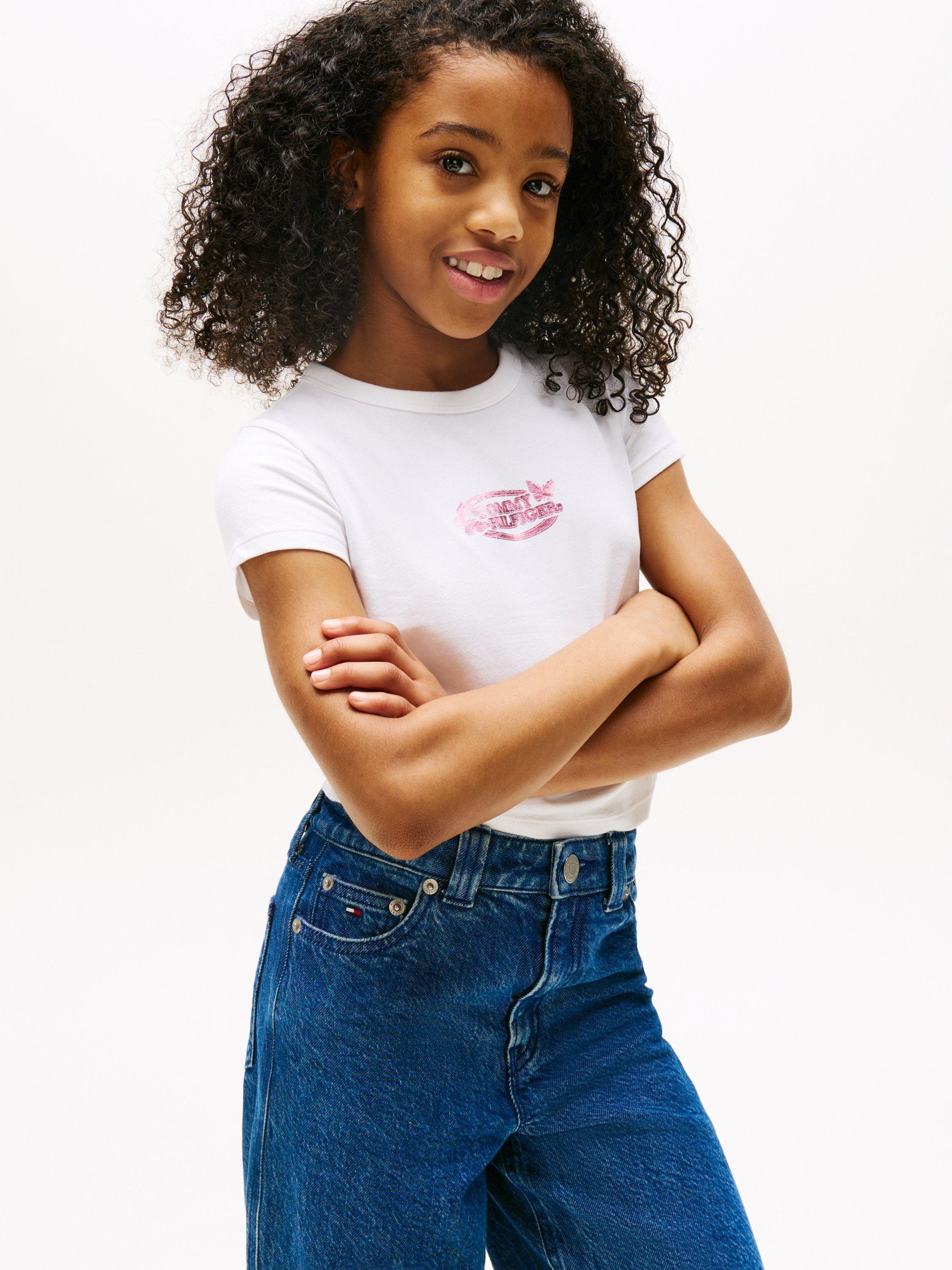 Product image 1 of 5, which shows Tommy Hilfiger Kid's Cotton Slim Fit Butterfly Logo T-Shirt, White, 3 years