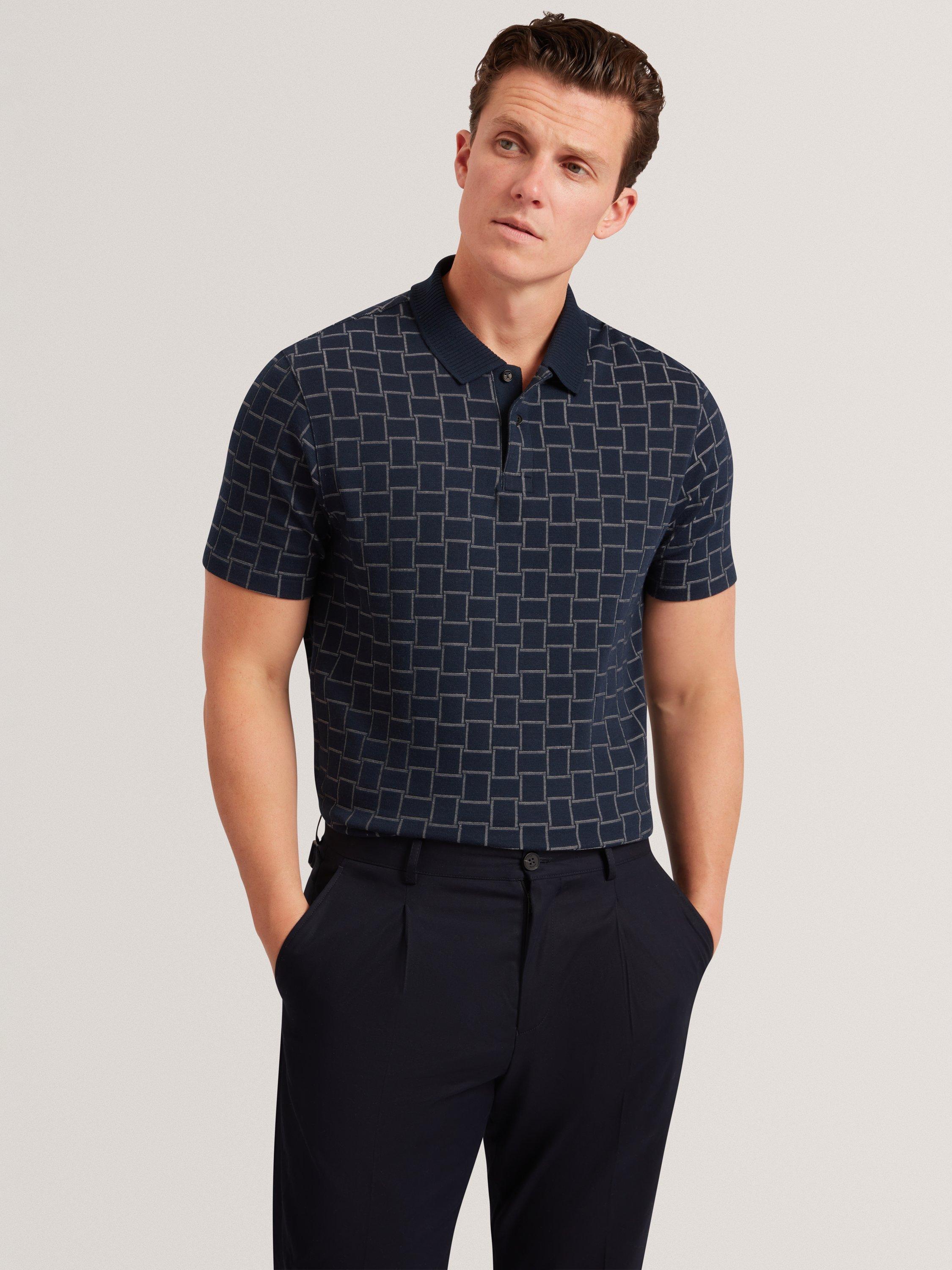 Product image 1 of 7, which shows Ted Baker Eduard Geometric Pattern Short Sleeve Polo Shirt, Navy, S