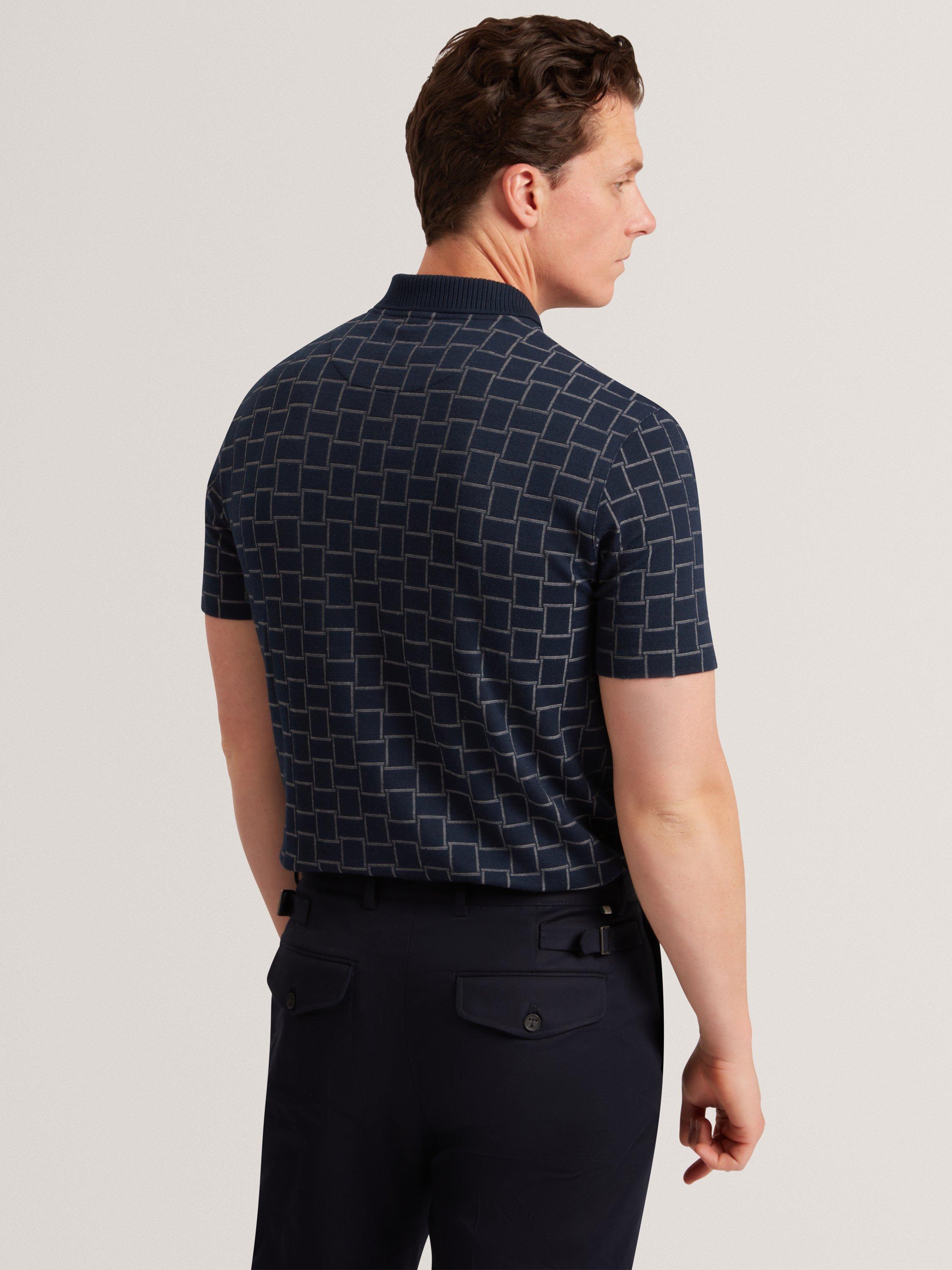 Product image 2 of 7, which shows Ted Baker Eduard Geometric Pattern Short Sleeve Polo Shirt, Navy, S
