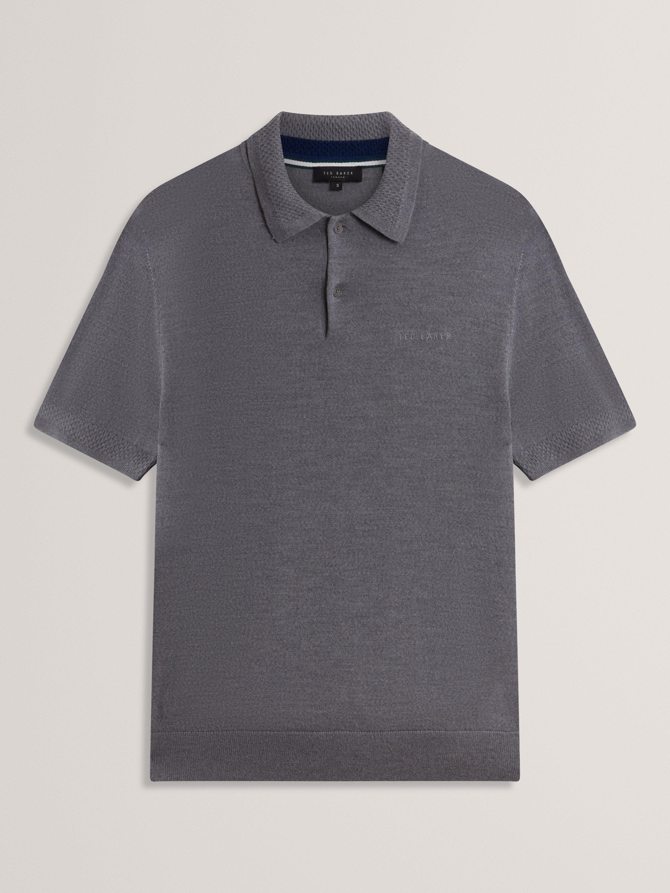 Product image 6 of 7, which shows Ted Baker Chriesy Wool Short Sleeve Polo Shirt, Mid Grey, S