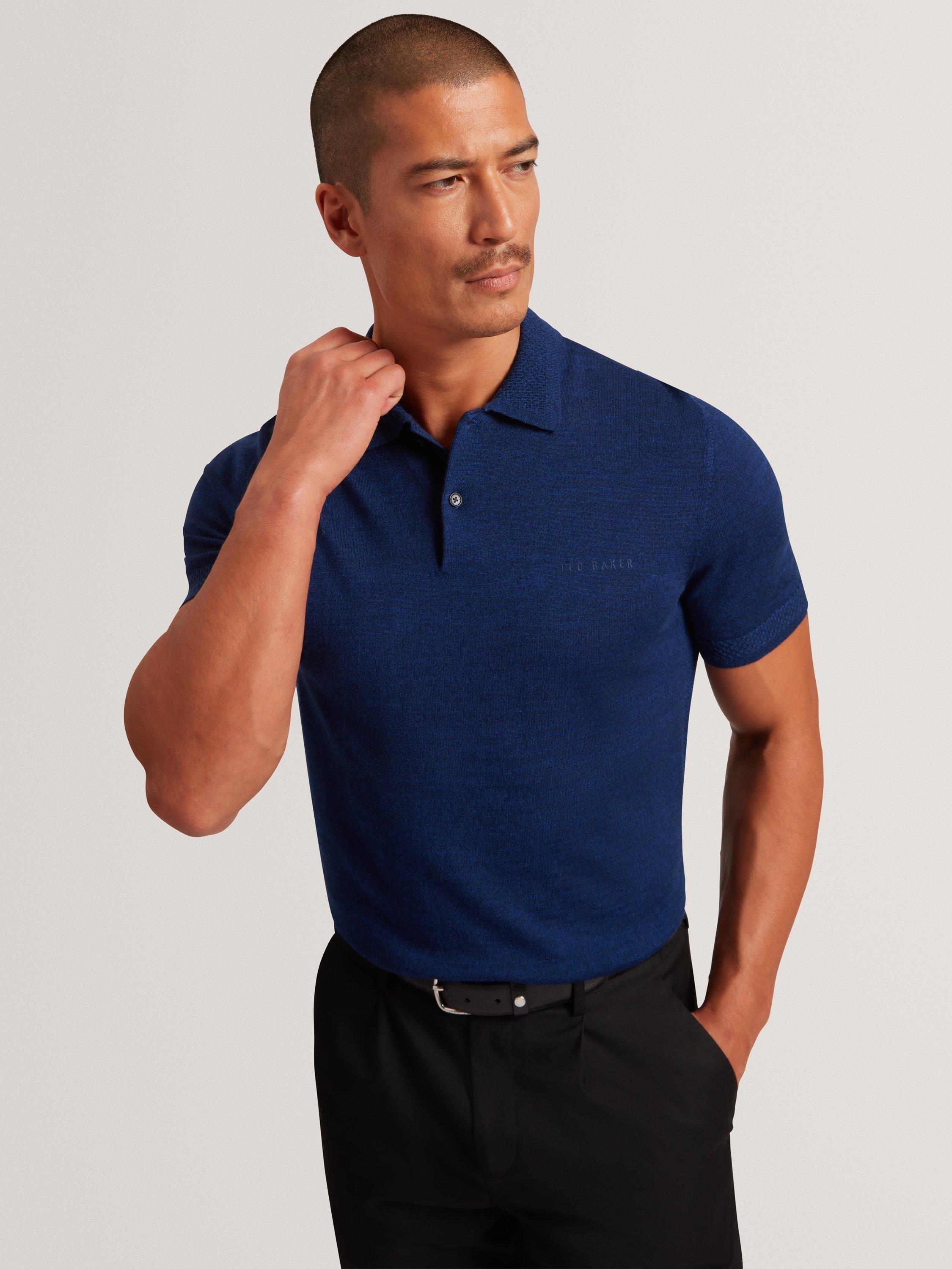 Product image 1 of 7, which shows Ted Baker Chriesy Wool Short Sleeve Polo Shirt, Navy, S