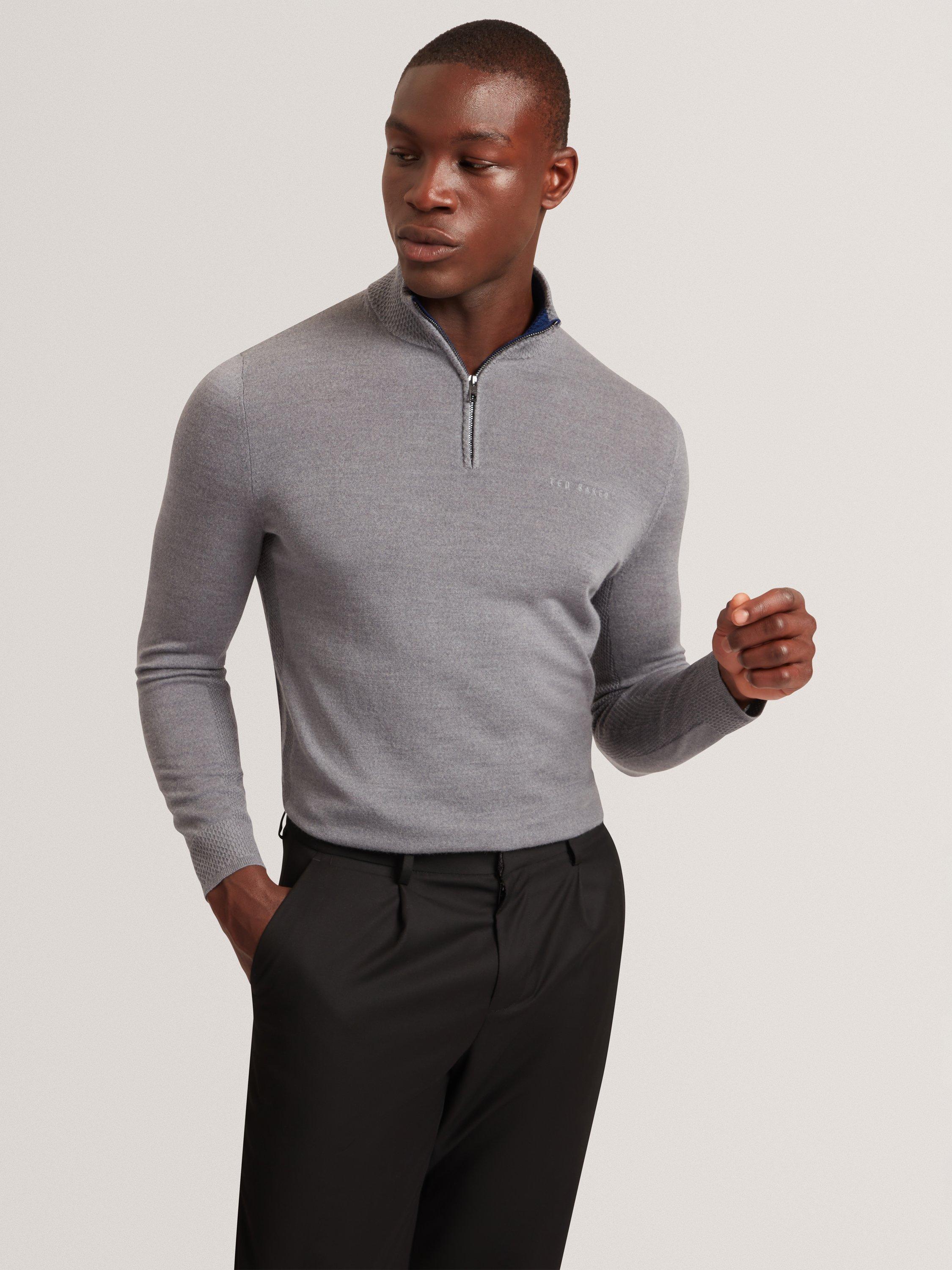Product image 1 of 7, which shows Ted Baker Clouden Wool High Half Zip Neck Jumper, Mid Grey, S