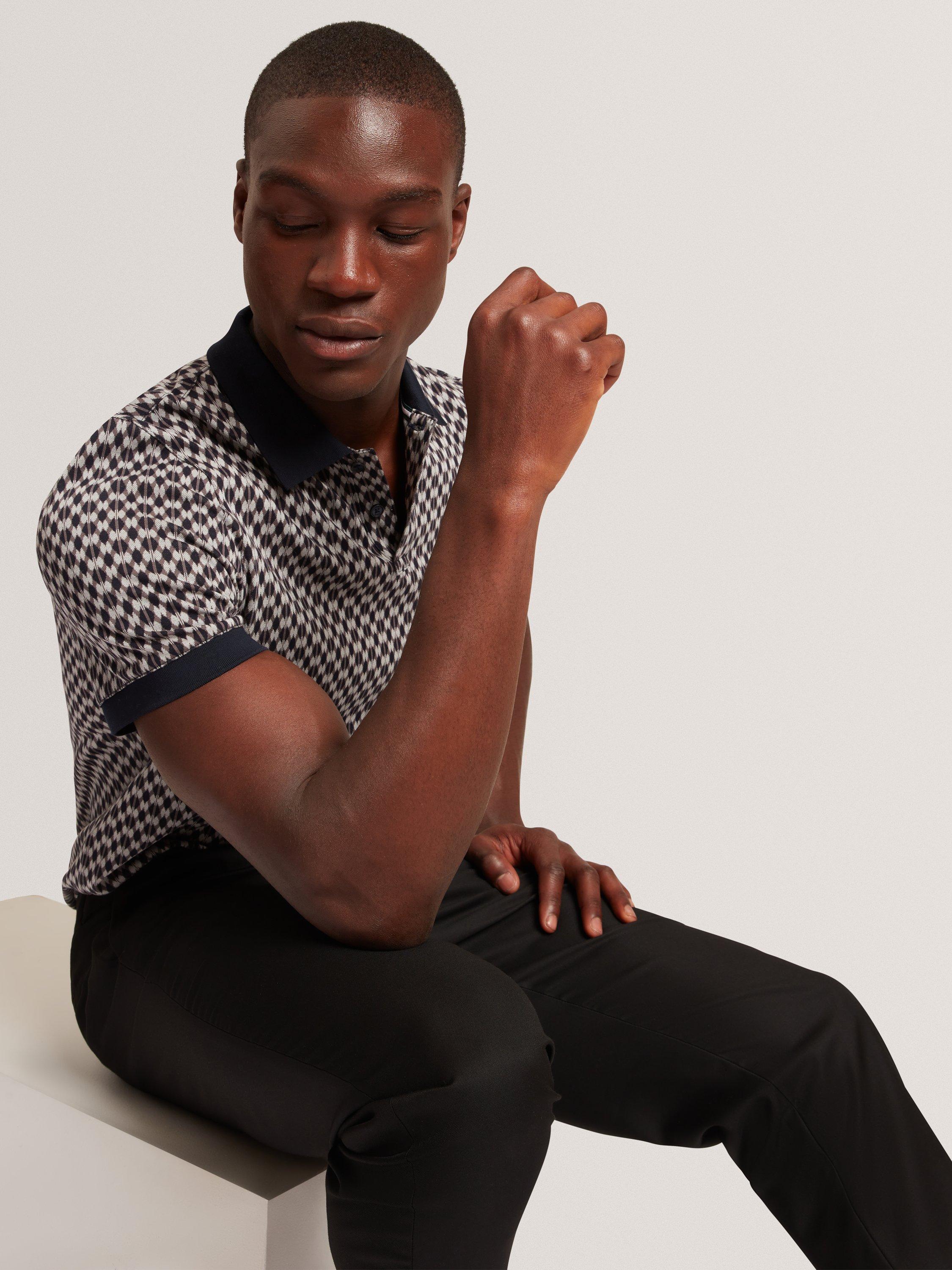 Product image 3 of 7, which shows Ted Baker Ernist Cotton Geometric Pattern Short Sleeve Polo Shirt, Navy, S