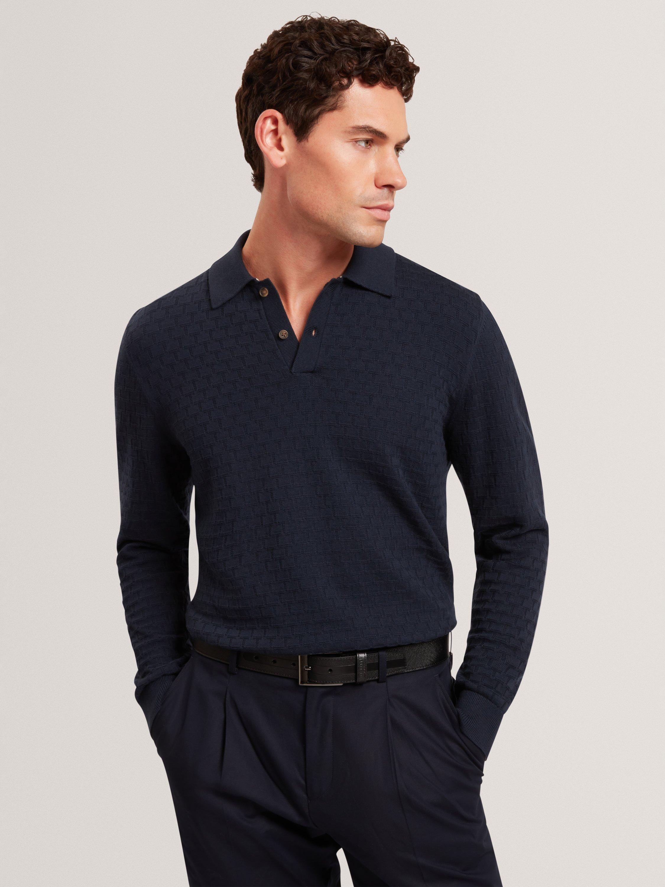 Product image 1 of 7, which shows Ted Baker Gaten Cotton Blend Polo Jumper, Navy, S