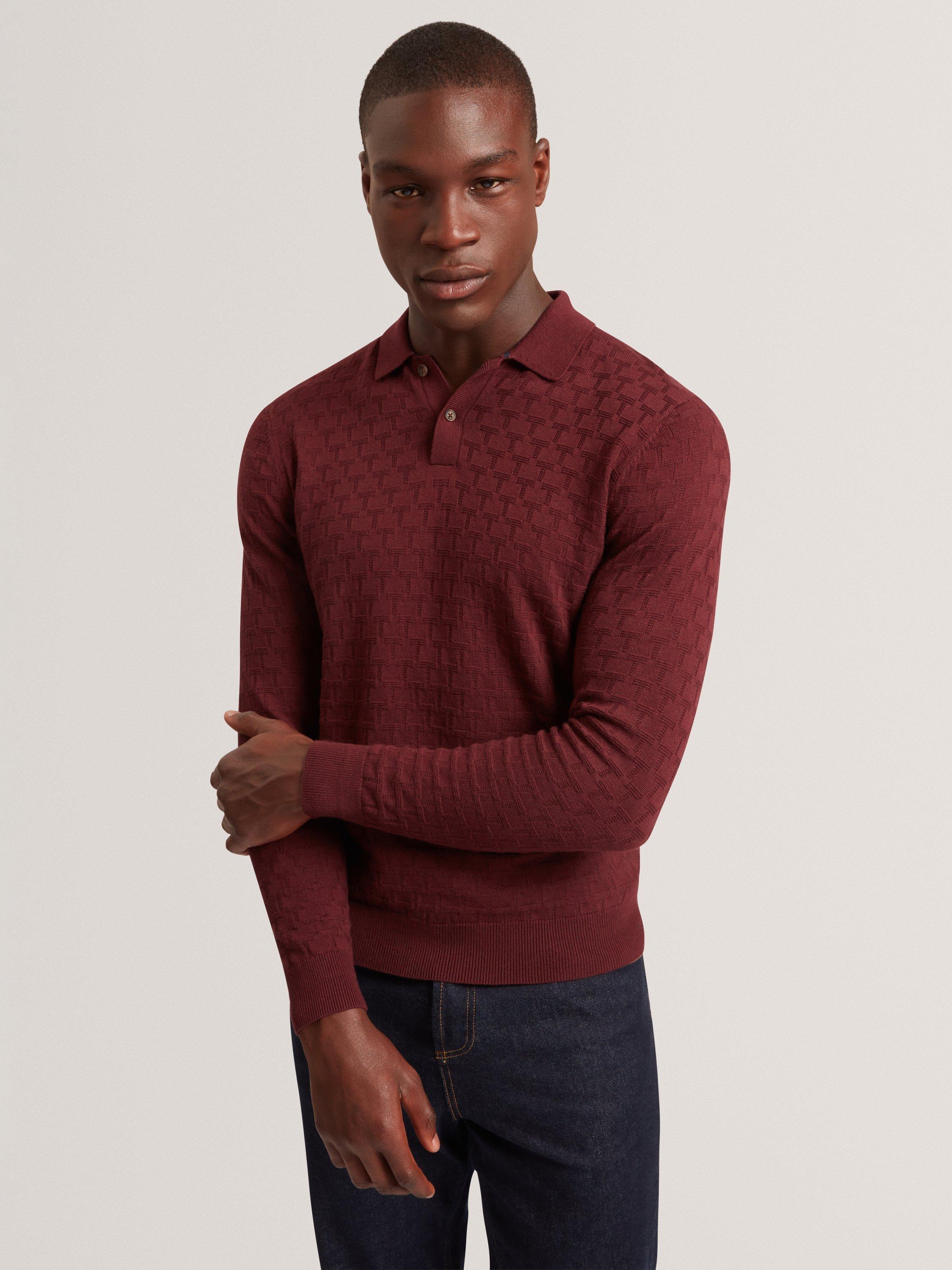 Product image 1 of 7, which shows Ted Baker Gaten Cotton Blend Polo Jumper, Maroon, L