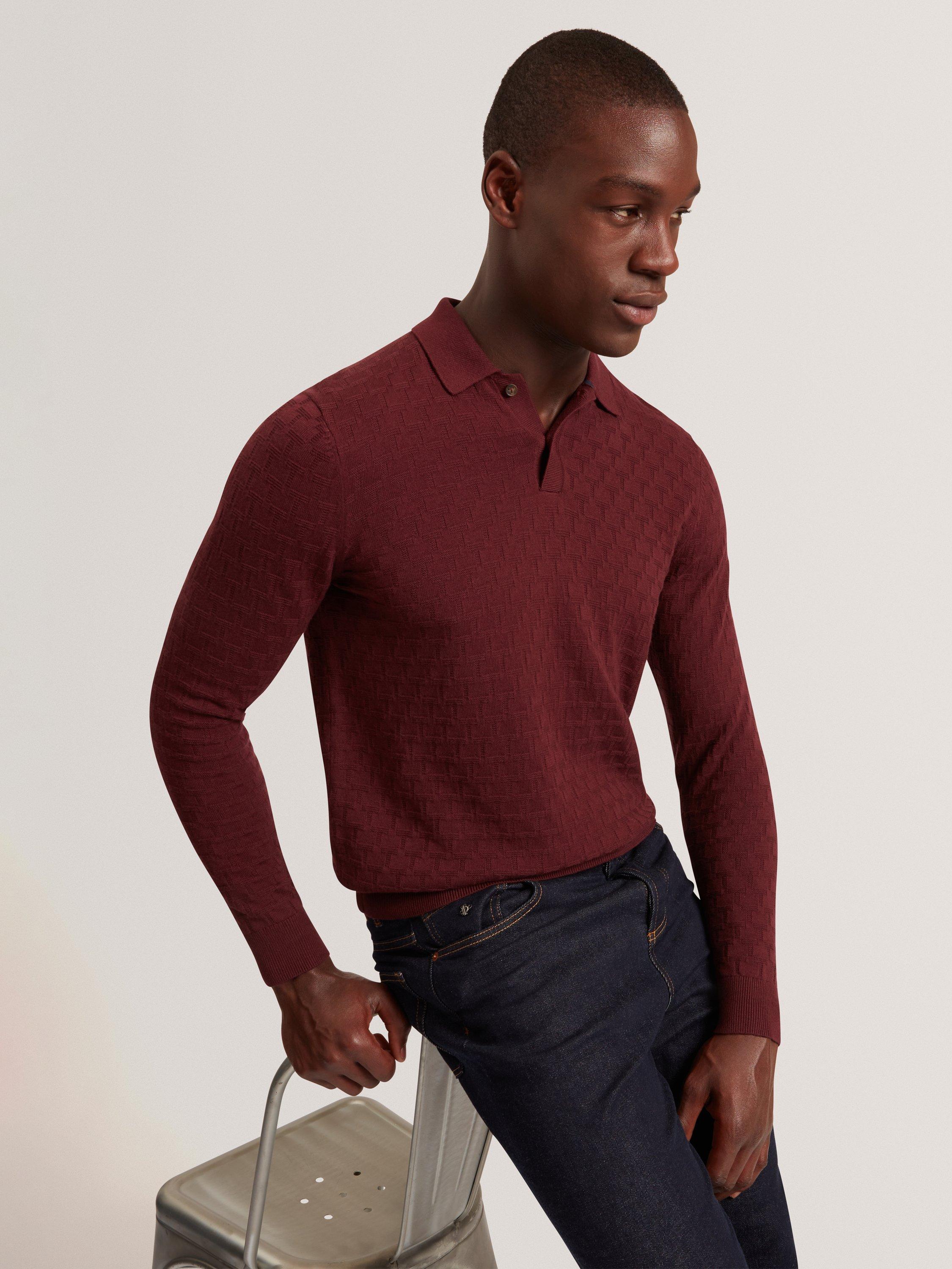 Product image 3 of 7, which shows Ted Baker Gaten Cotton Blend Polo Jumper, Maroon, L