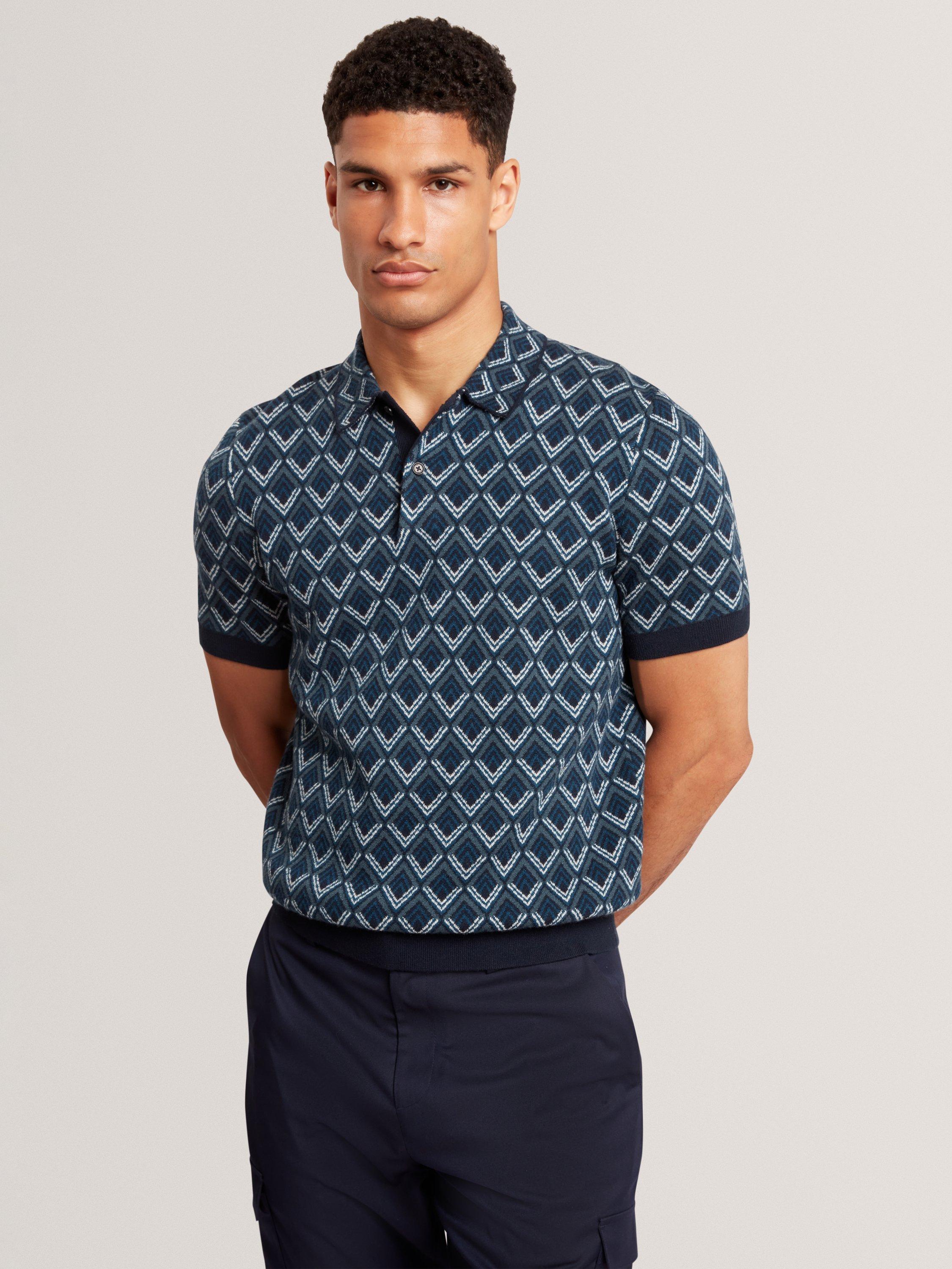 Product image 1 of 7, which shows Ted Baker Melvvin Geometric Pattern Short Sleeve Polo Jersey Cardigan, Navy, S
