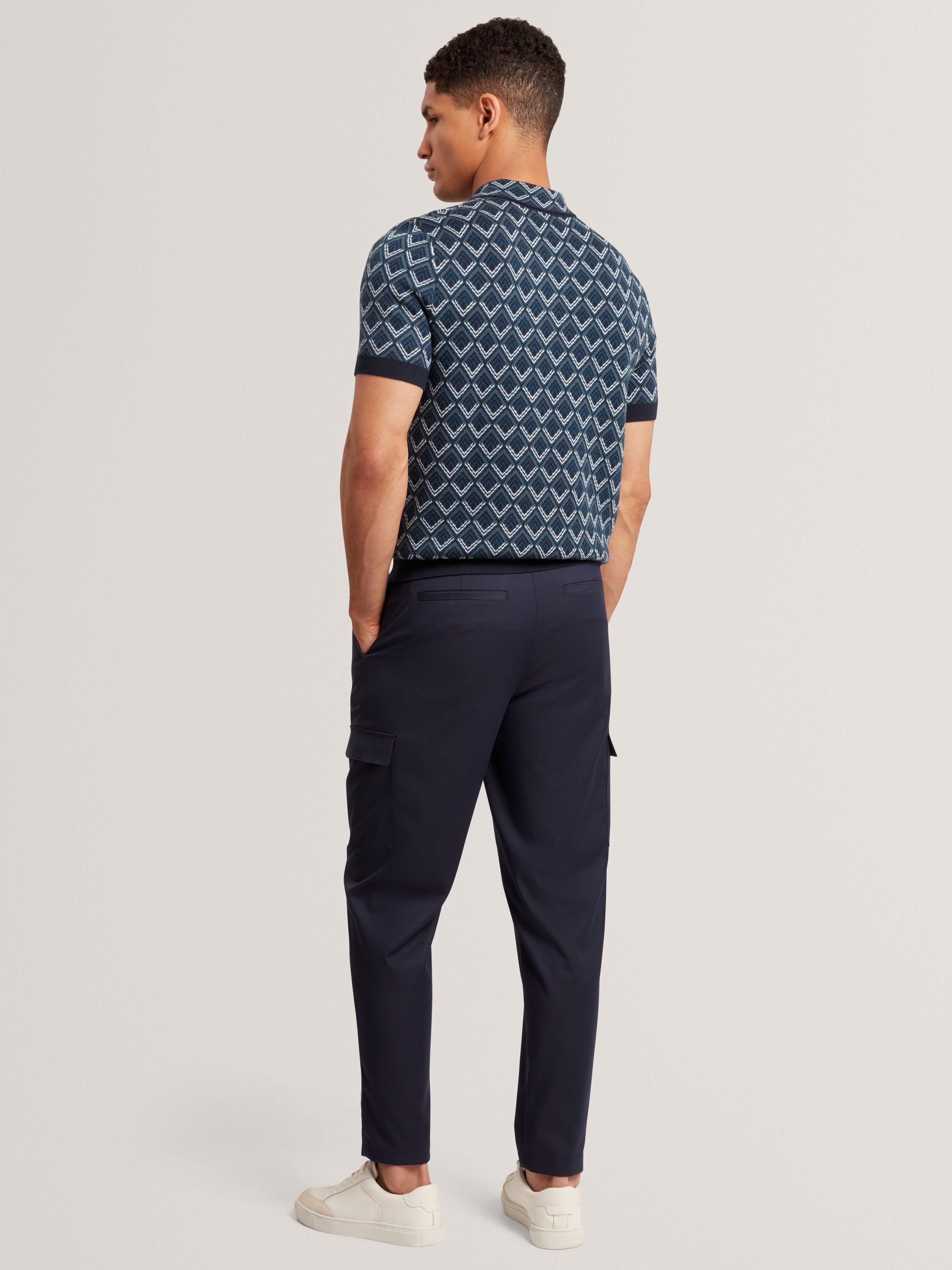 Product image 2 of 7, which shows Ted Baker Melvvin Geometric Pattern Short Sleeve Polo Jersey Cardigan, Navy, S