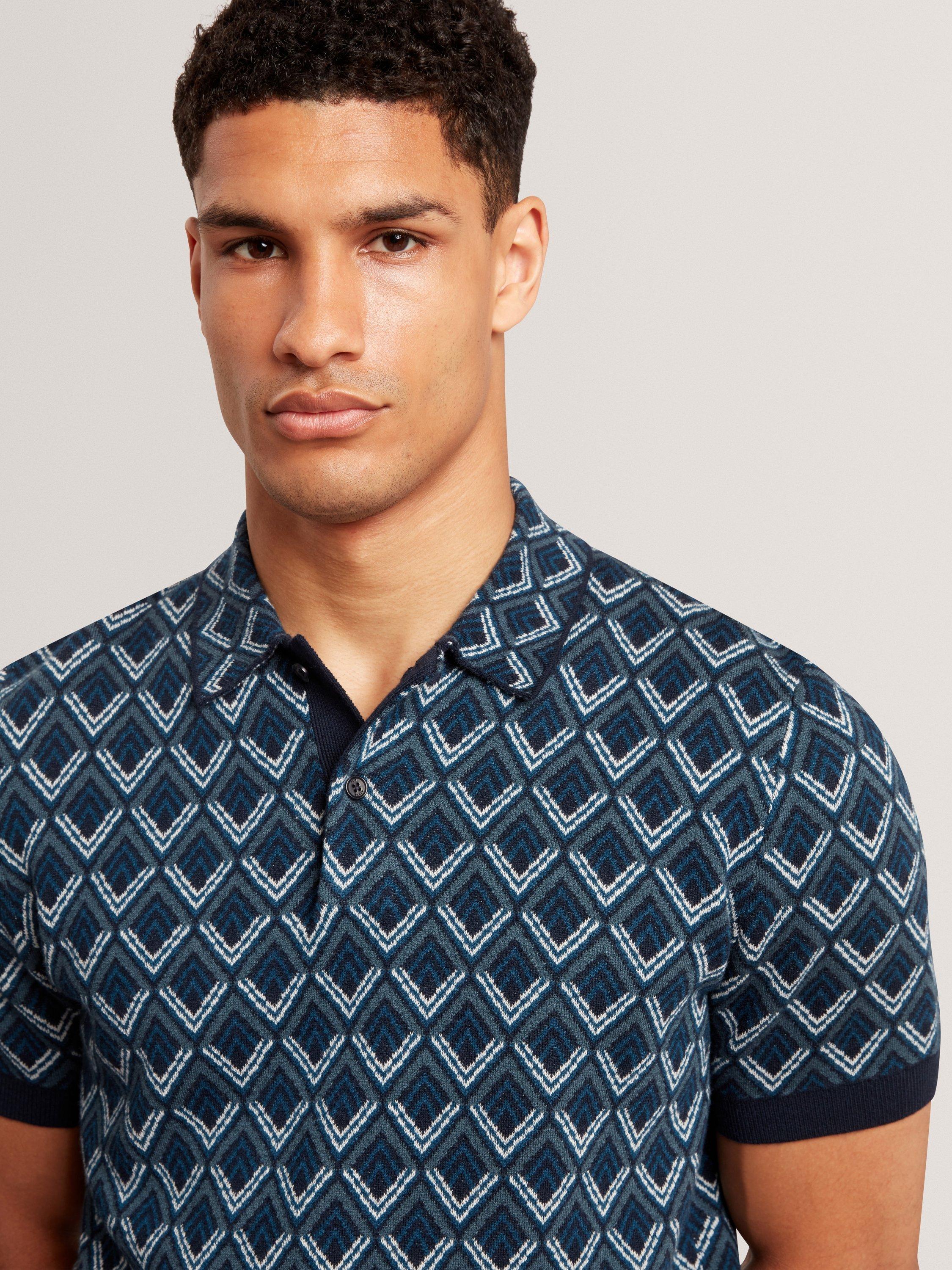 Product image 3 of 7, which shows Ted Baker Melvvin Geometric Pattern Short Sleeve Polo Jersey Cardigan, Navy, S