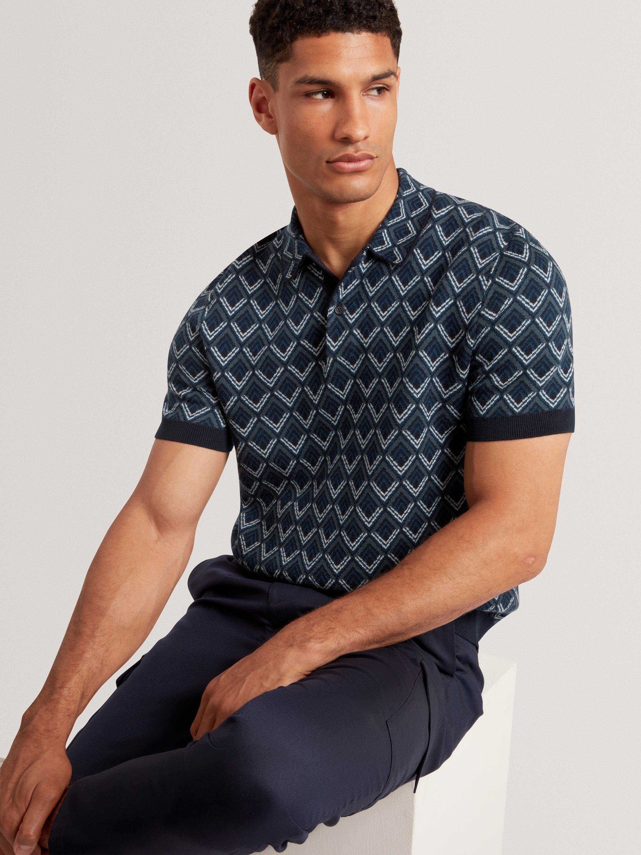 Product image 4 of 7, which shows Ted Baker Melvvin Geometric Pattern Short Sleeve Polo Jersey Cardigan, Navy, S
