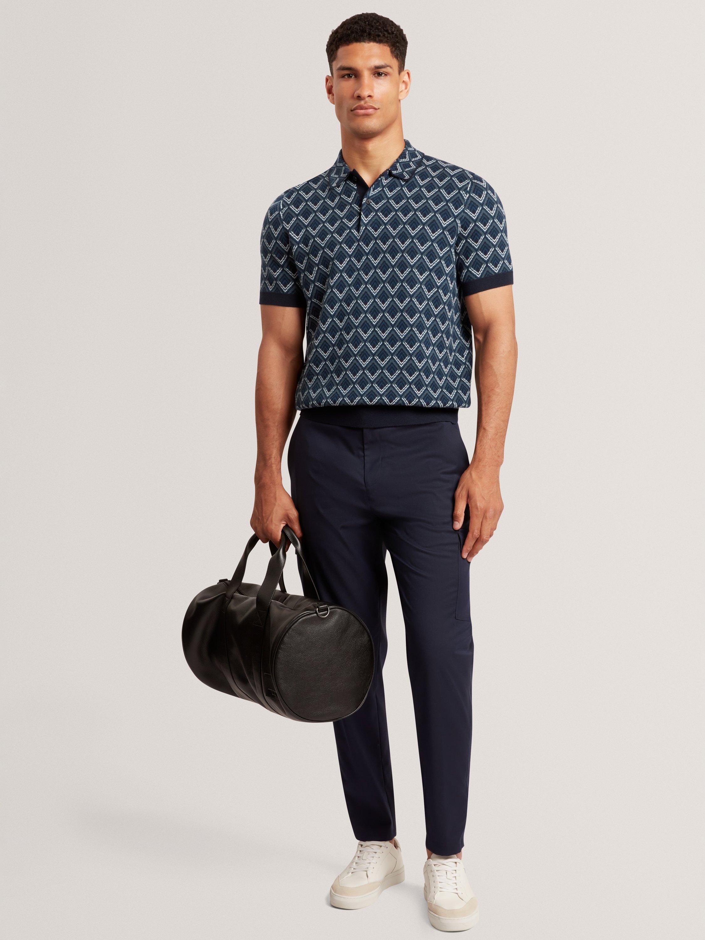 Product image 5 of 7, which shows Ted Baker Melvvin Geometric Pattern Short Sleeve Polo Jersey Cardigan, Navy, S