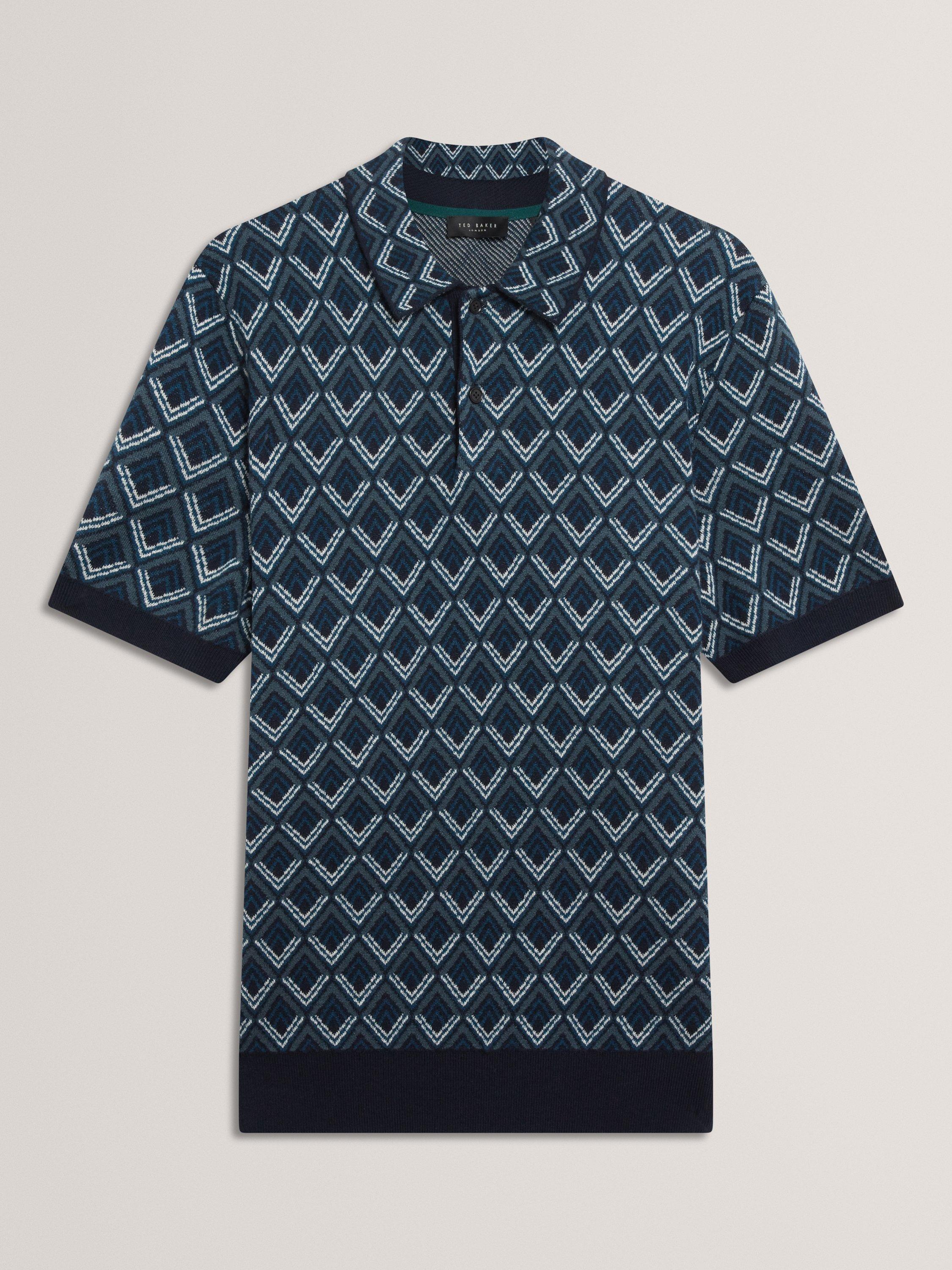 Product image 6 of 7, which shows Ted Baker Melvvin Geometric Pattern Short Sleeve Polo Jersey Cardigan, Navy, S
