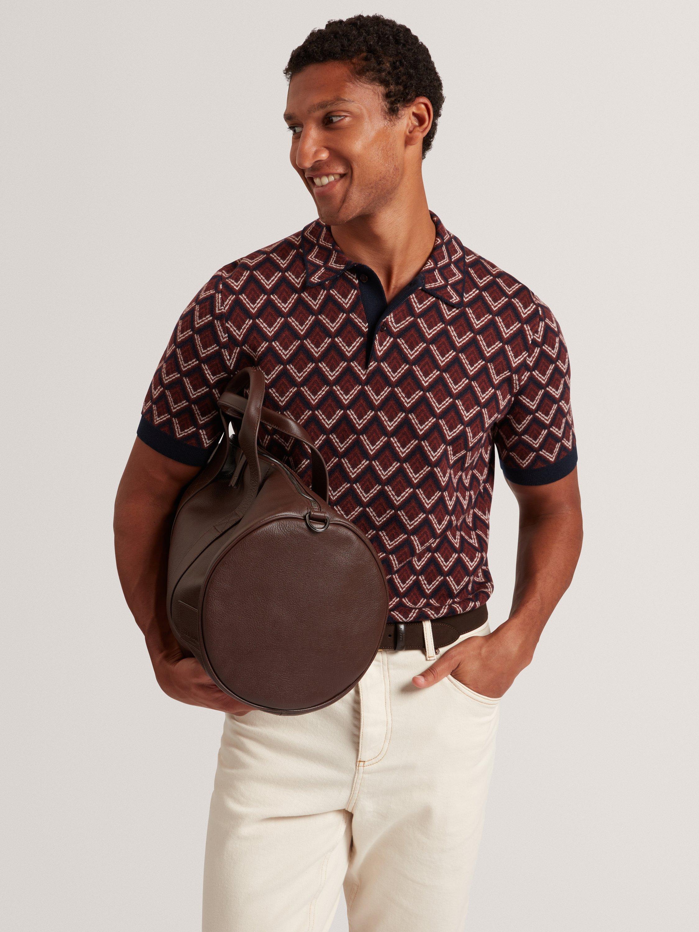 Product image 1 of 7, which shows Ted Baker Melvvin Geometric Pattern Short Sleeve Polo Jersey Cardigan, Maroon, S