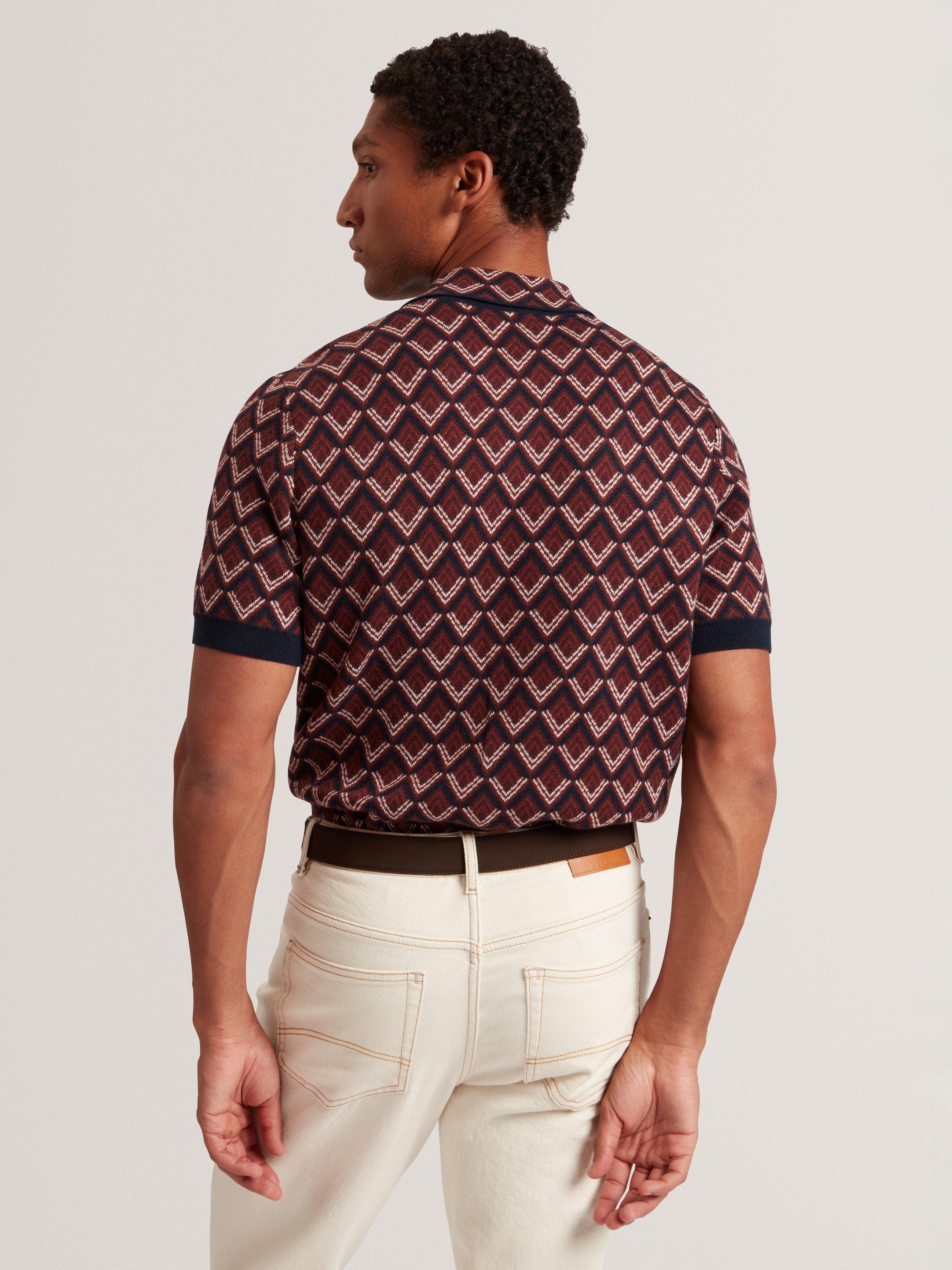Product image 2 of 7, which shows Ted Baker Melvvin Geometric Pattern Short Sleeve Polo Jersey Cardigan, Maroon, S