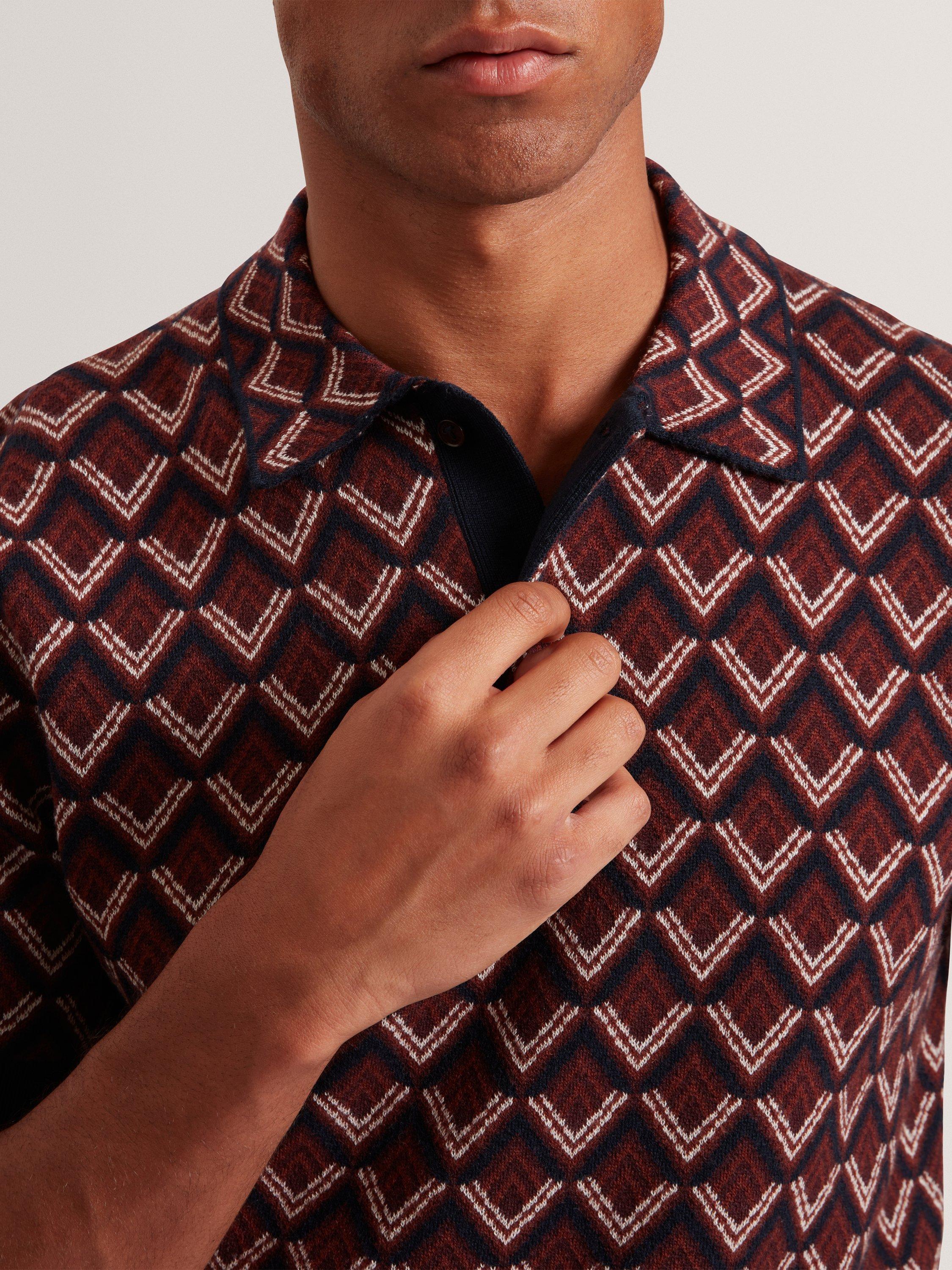 Product image 3 of 7, which shows Ted Baker Melvvin Geometric Pattern Short Sleeve Polo Jersey Cardigan, Maroon, S