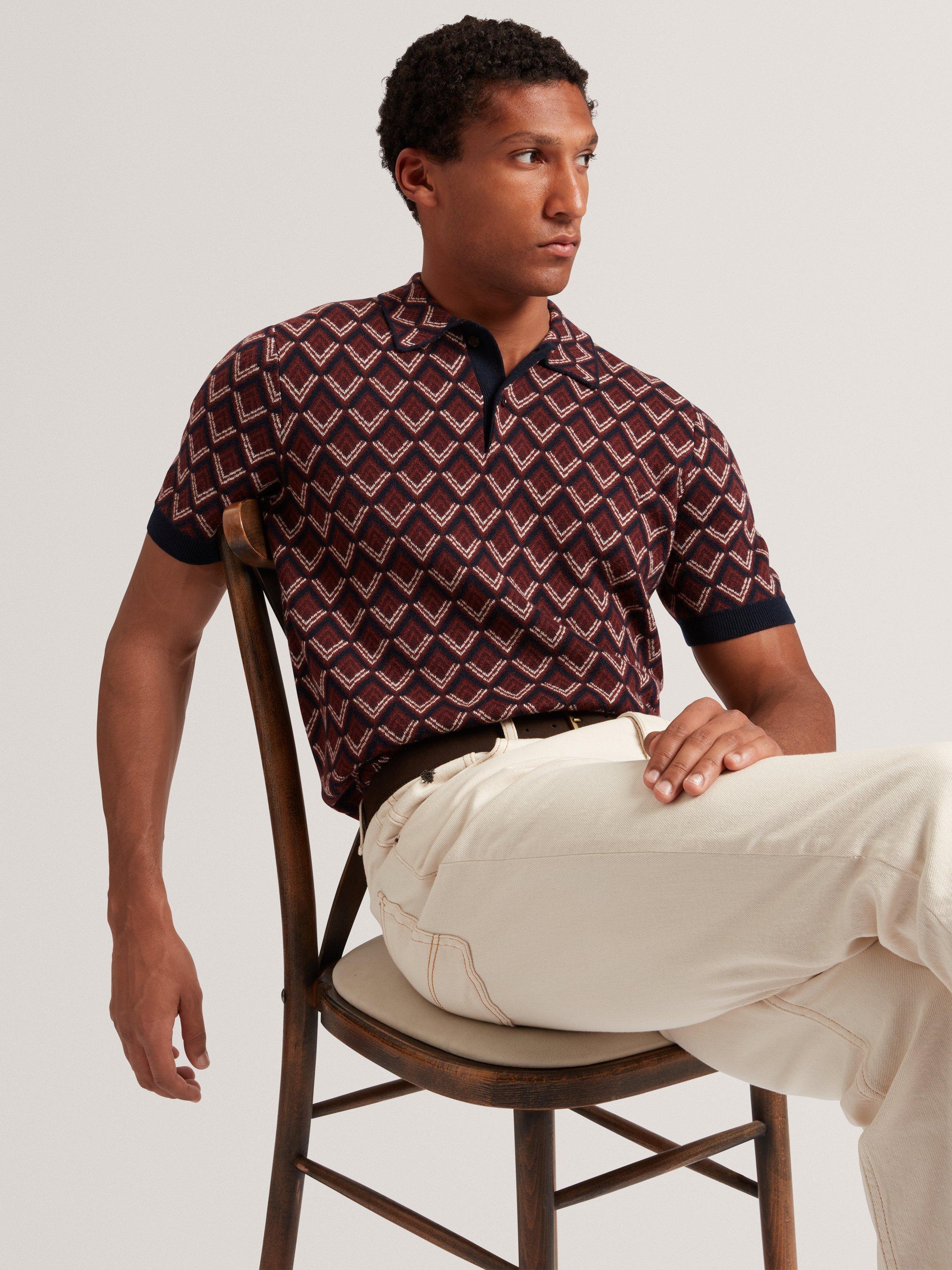 Product image 4 of 7, which shows Ted Baker Melvvin Geometric Pattern Short Sleeve Polo Jersey Cardigan, Maroon, S