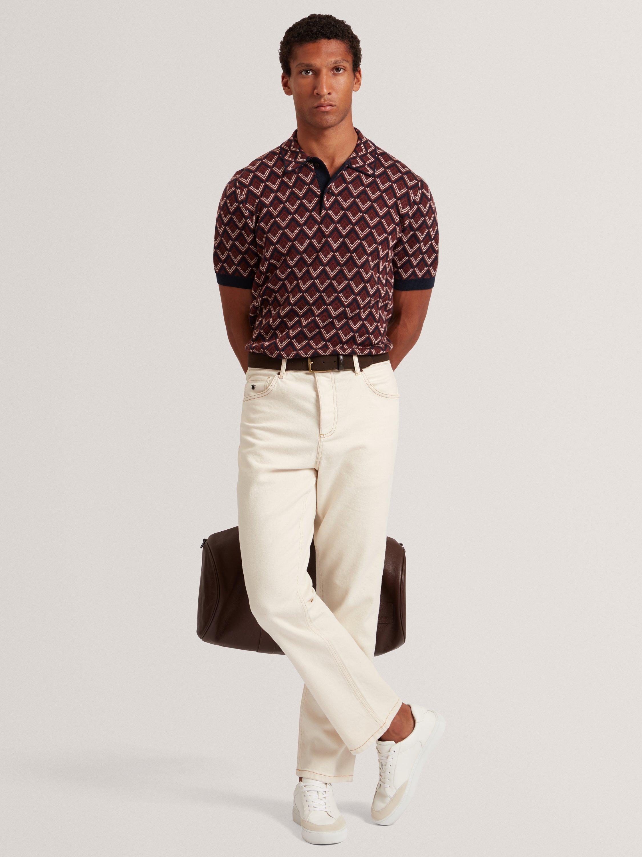 Product image 5 of 7, which shows Ted Baker Melvvin Geometric Pattern Short Sleeve Polo Jersey Cardigan, Maroon, S