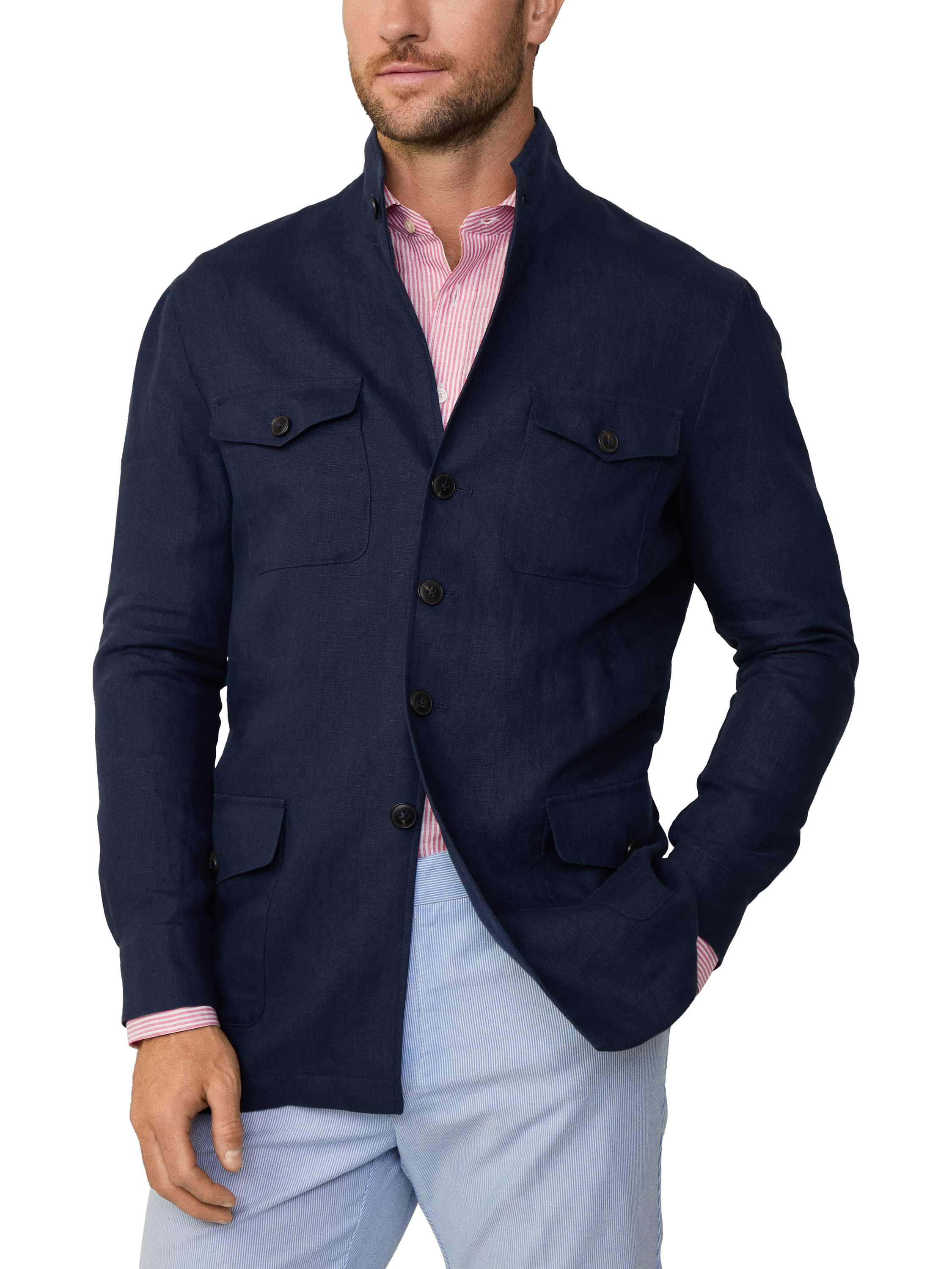Product image 1 of 7, which shows Hackett London Linen Teba Overshirt, Navy, 36