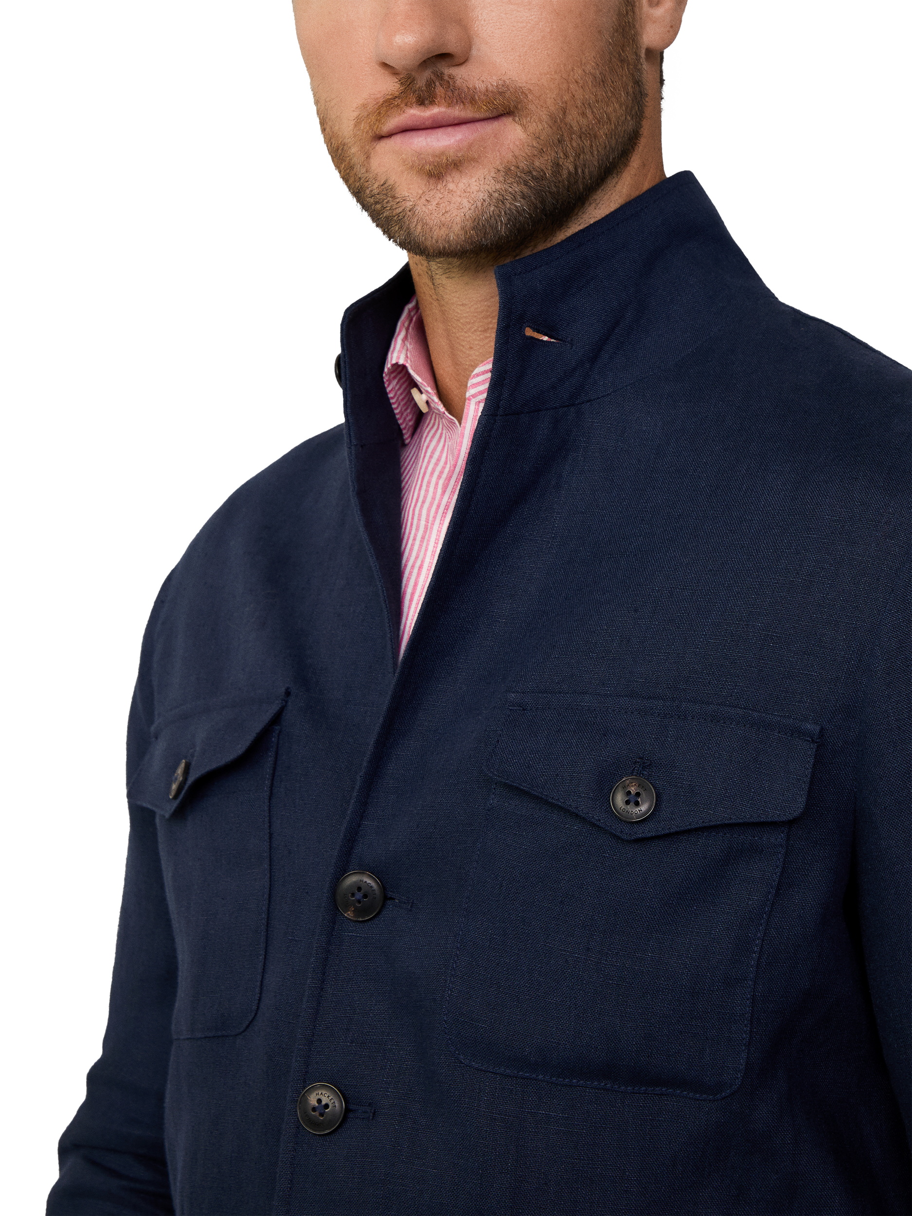 Product image 4 of 7, which shows Hackett London Linen Teba Overshirt, Navy, 36