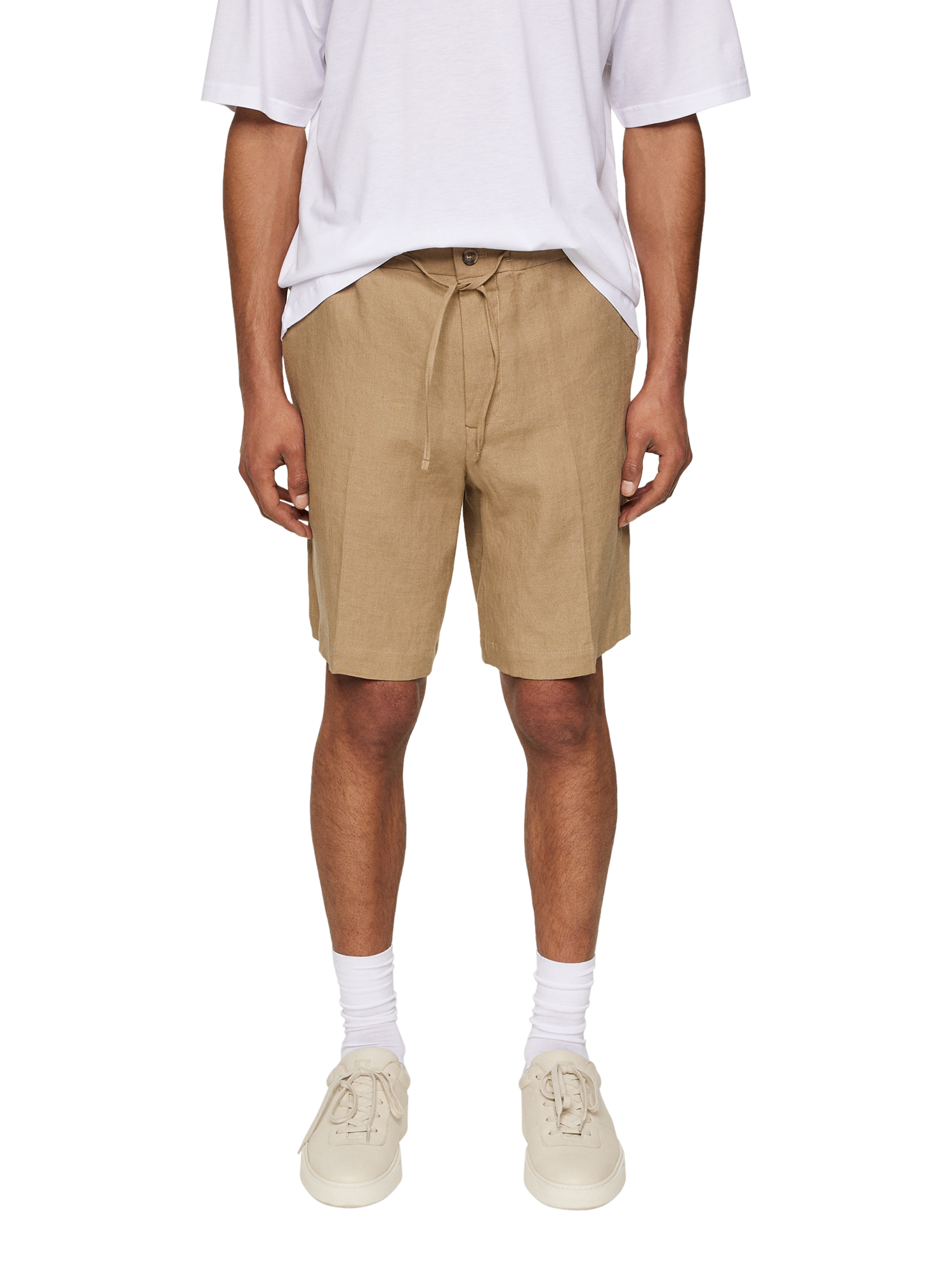 Product image 1 of 5, which shows J.Lindeberg Brady Drape Linen Shorts, Mid Brown, 30