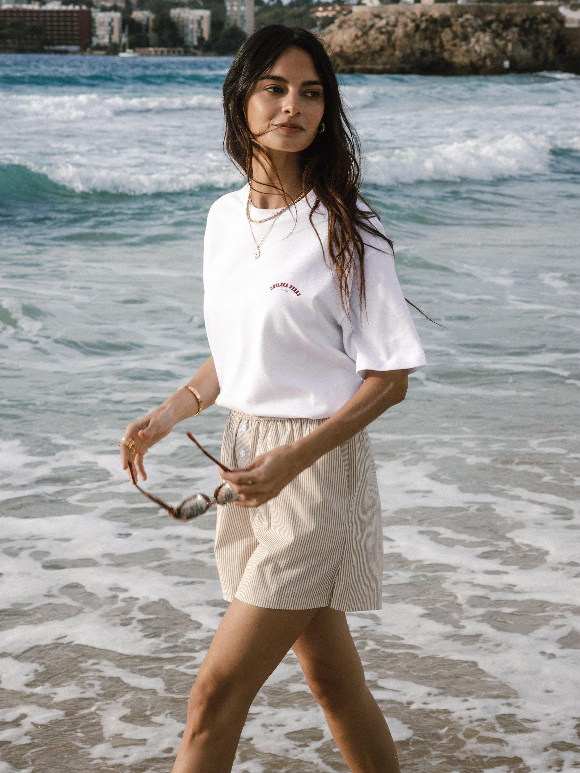 Product image 1 of 7, which shows Chelsea Peers Stripe Boxer Style Pyjama Shorts, Taupe, 6