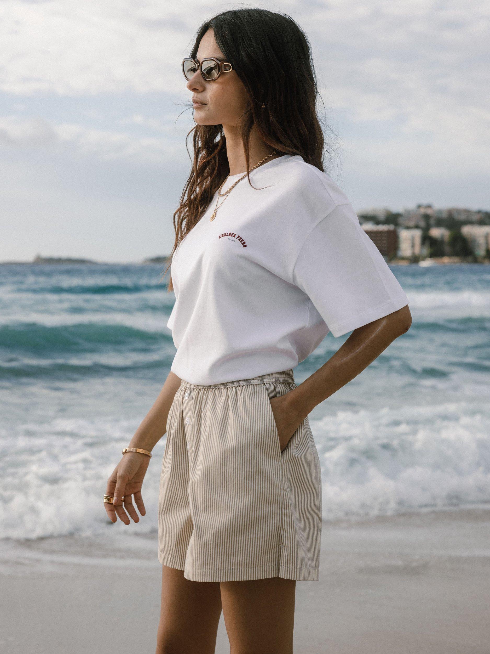 Product image 2 of 7, which shows Chelsea Peers Stripe Boxer Style Pyjama Shorts, Taupe, 6