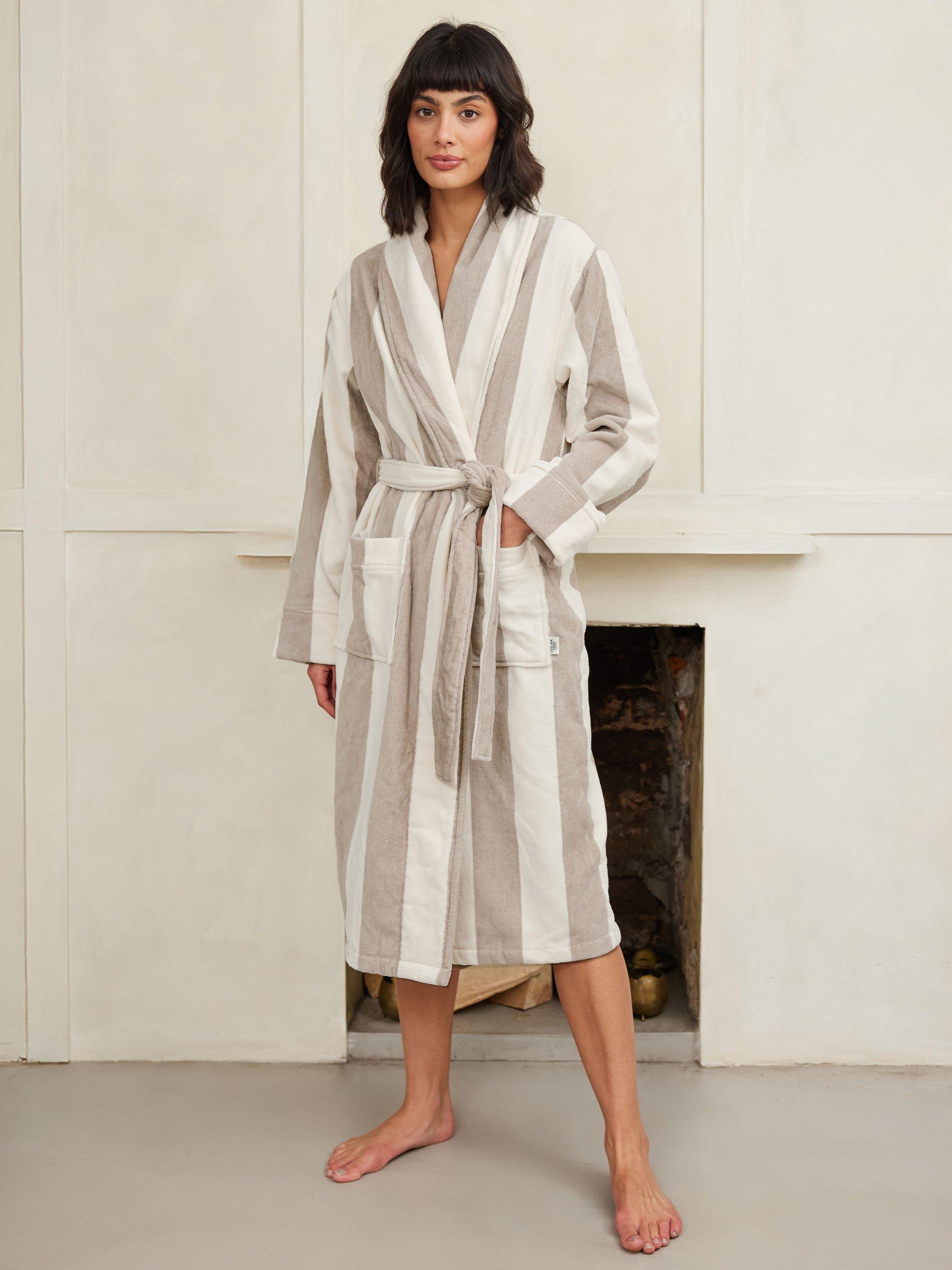 Product image 1 of 4, which shows Chelsea Peers Stripe Towelling Dressing Gown, Putty, 6-8