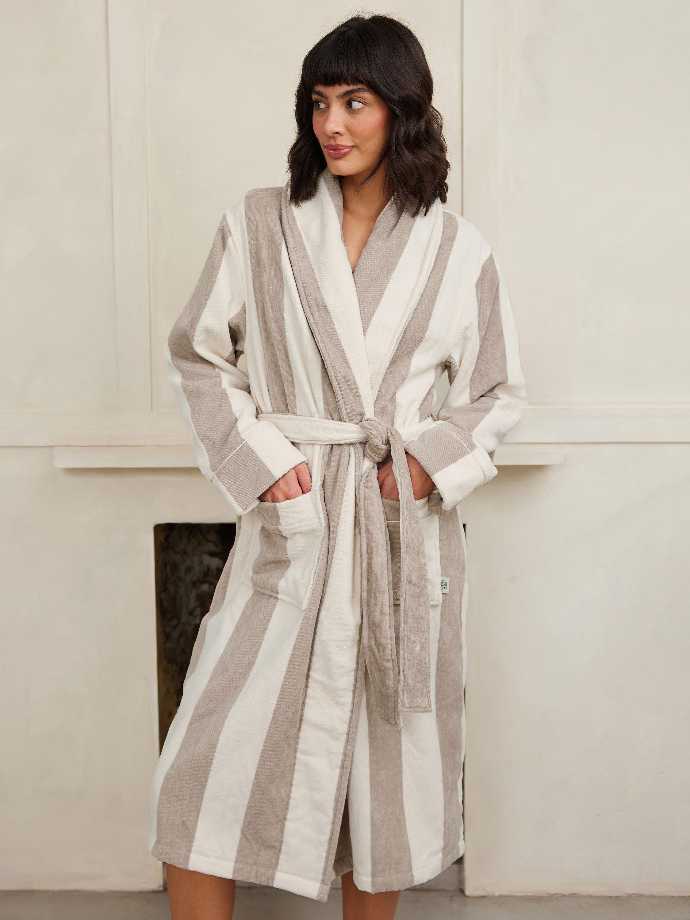 Product image 2 of 4, which shows Chelsea Peers Stripe Towelling Dressing Gown, Putty, 6-8