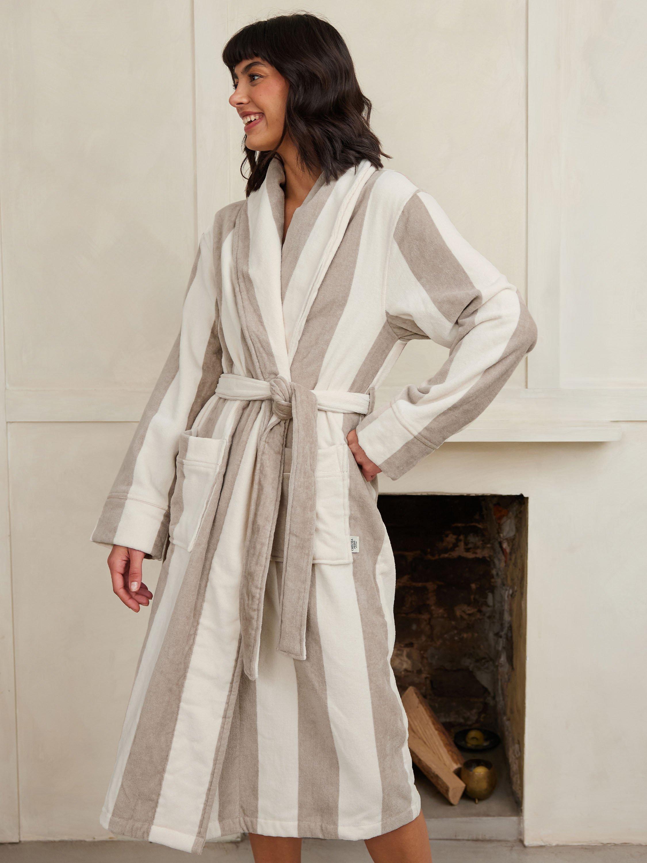 Product image 4 of 4, which shows Chelsea Peers Stripe Towelling Dressing Gown, Putty, 6-8