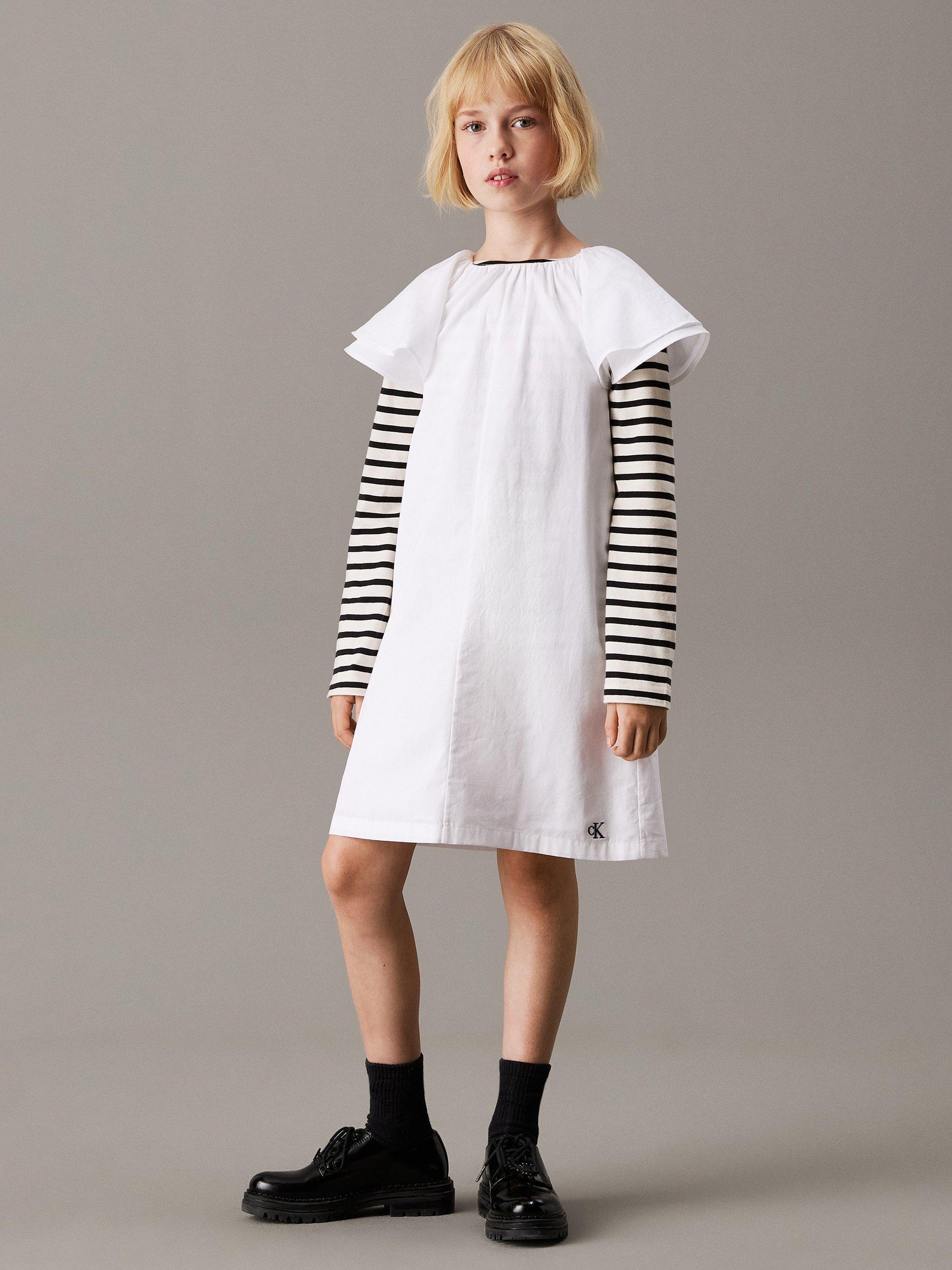Product image 1 of 4, which shows Calvin Klein Kids' Poplin Frilled Sleeve Dress, Bright White, 8 years