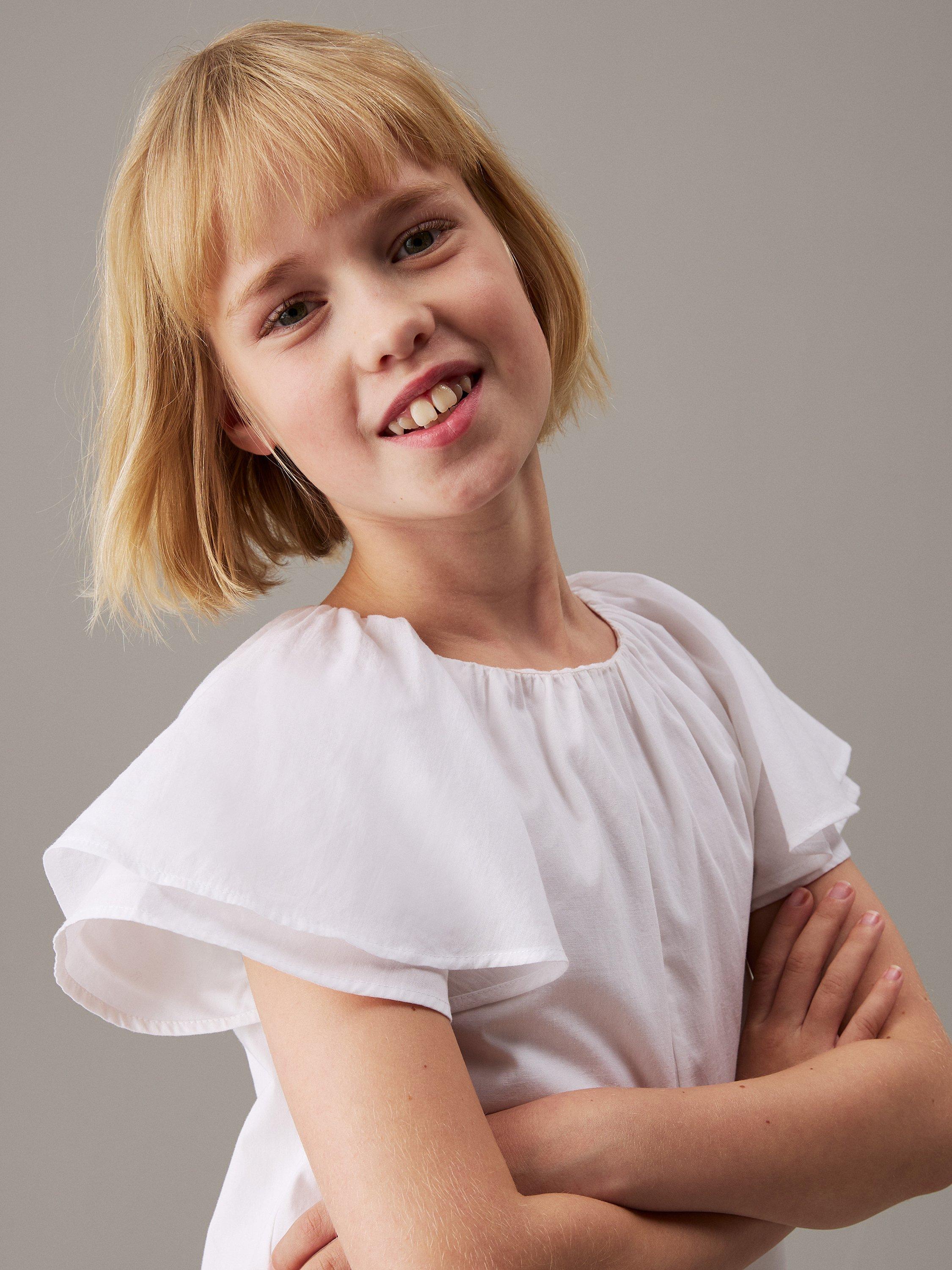 Product image 3 of 4, which shows Calvin Klein Kids' Poplin Frilled Sleeve Dress, Bright White, 8 years