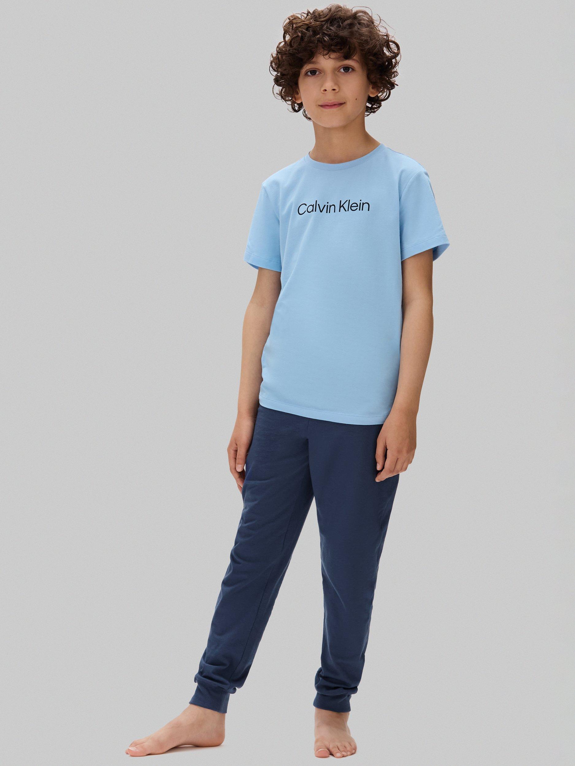 Product image 3 of 6, which shows Calvin Klein Kids' Cotton T-Shirt and Joggers Pyjama Set, Oceana/W/Bluebell, 8-10 years