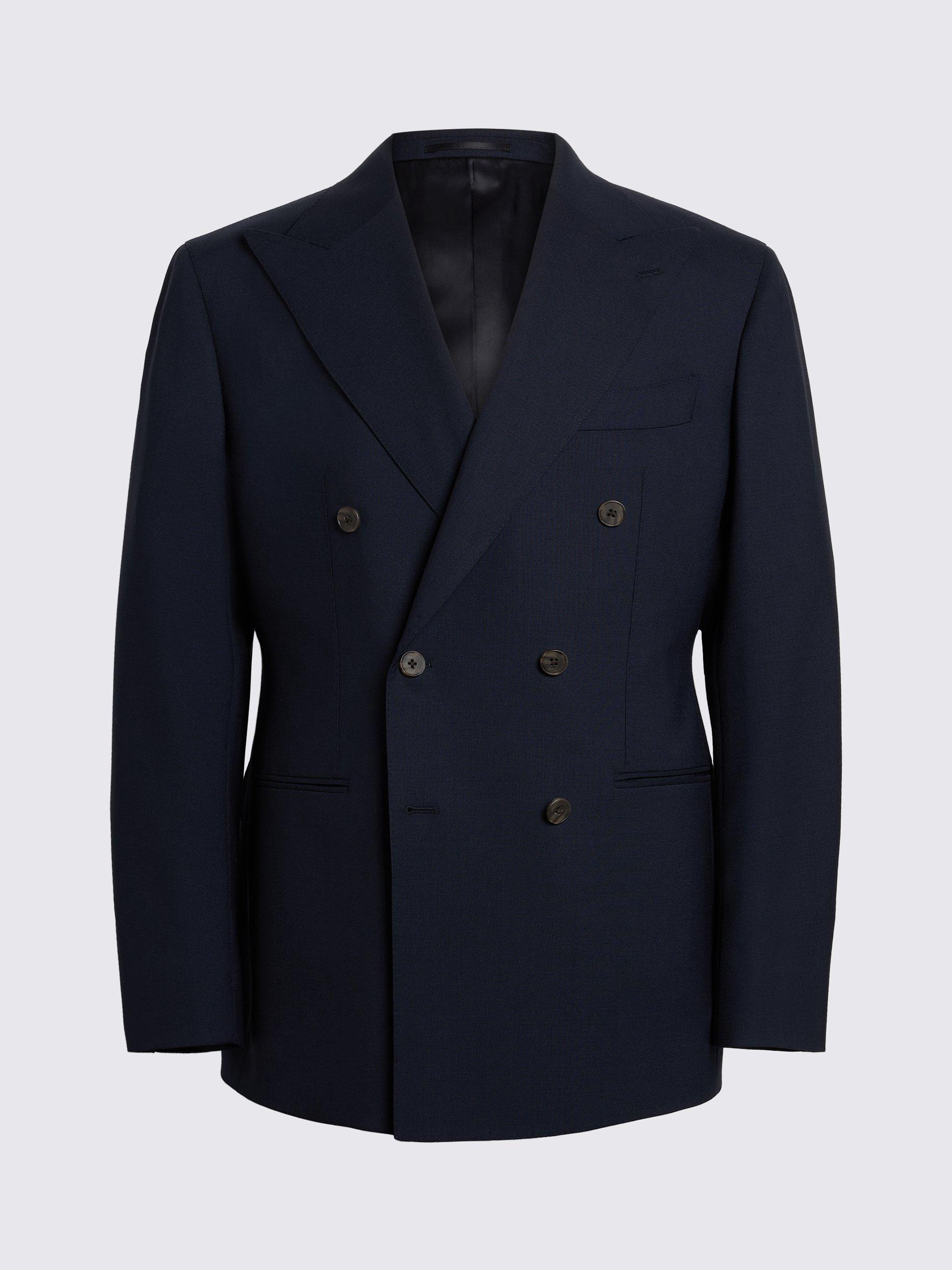 Product image 4 of 4, which shows Moss x Barberis Tailored Fit Double Breasted Suit Jacket, Navy, 36S