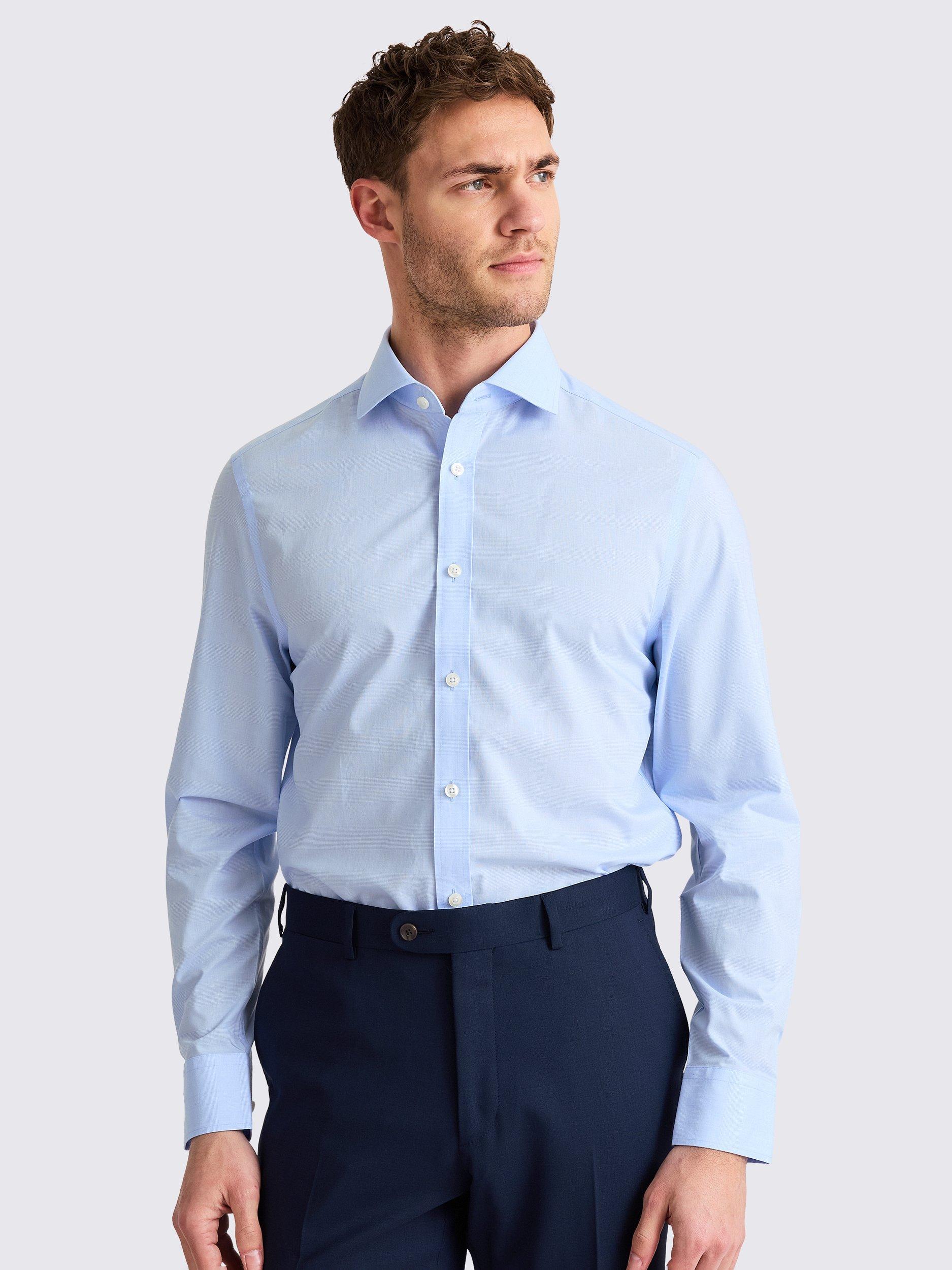 Moss Cotton Non-Iron Tailored Fit Prince of Wales Check Shirt, Sky Blue
