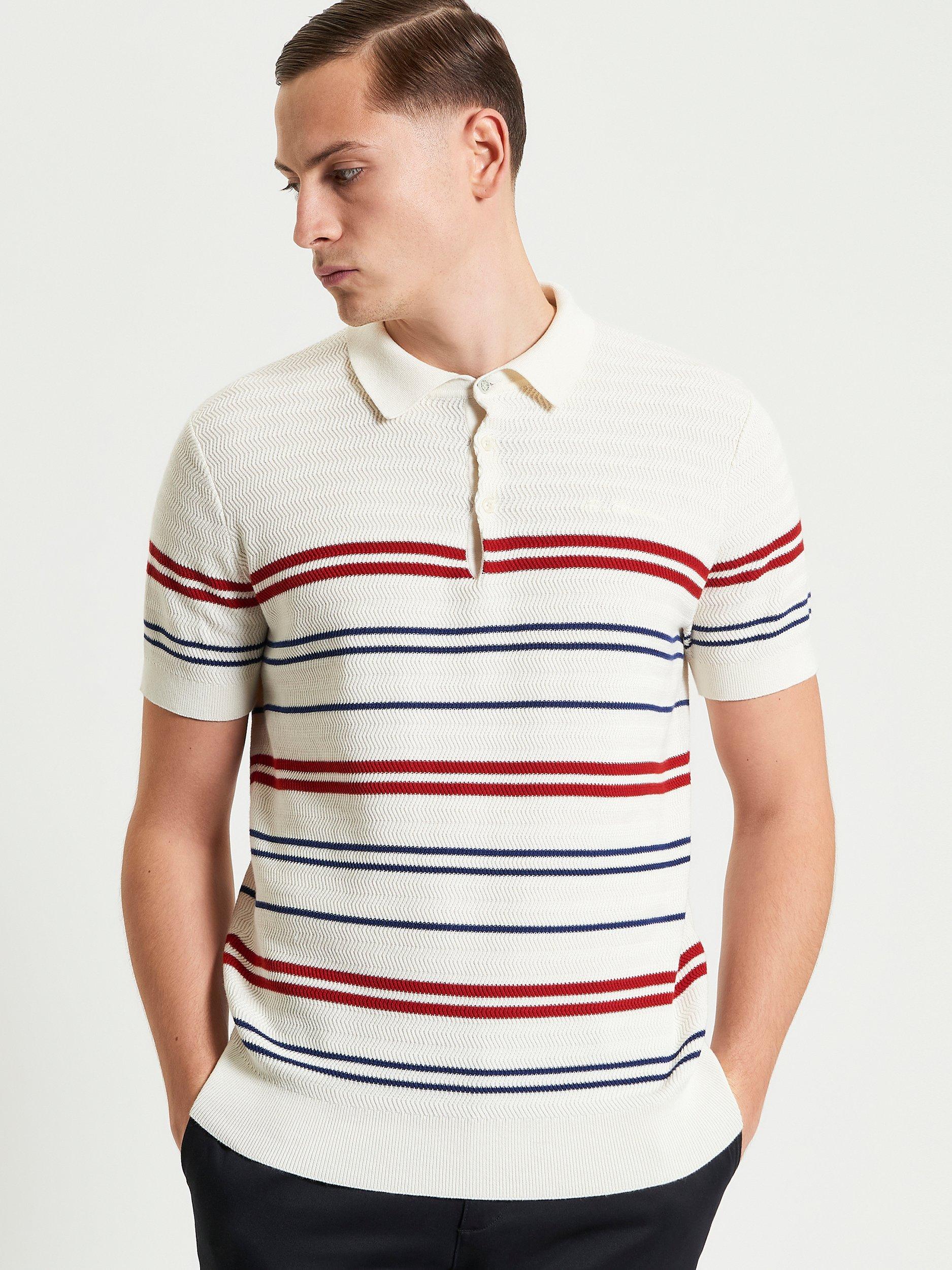 Product image 1 of 5, which shows Ben Sherman Herringbone Stripe Knitted Polo Shirt, Ivory/Multi, S