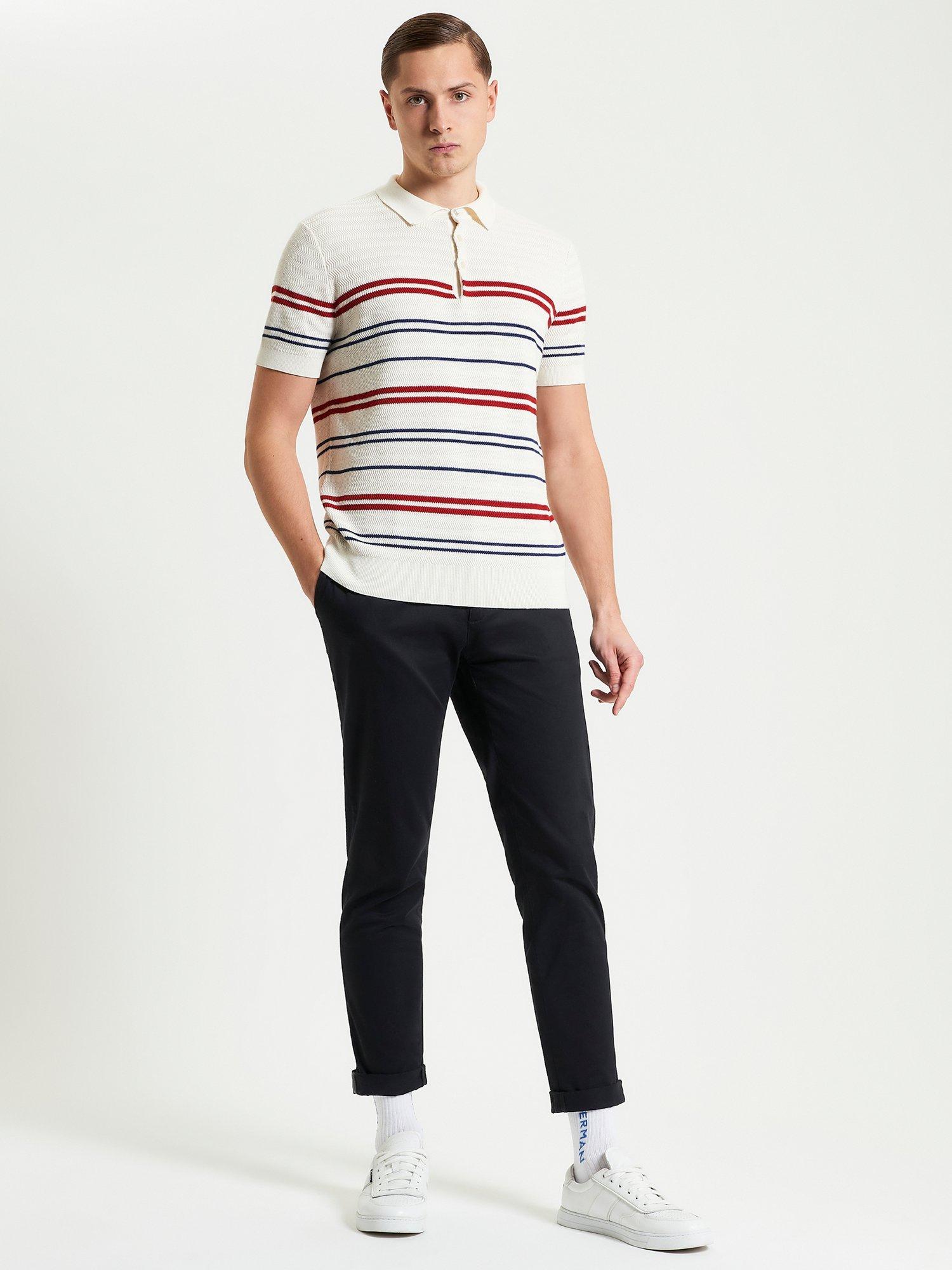 Product image 2 of 5, which shows Ben Sherman Herringbone Stripe Knitted Polo Shirt, Ivory/Multi, S