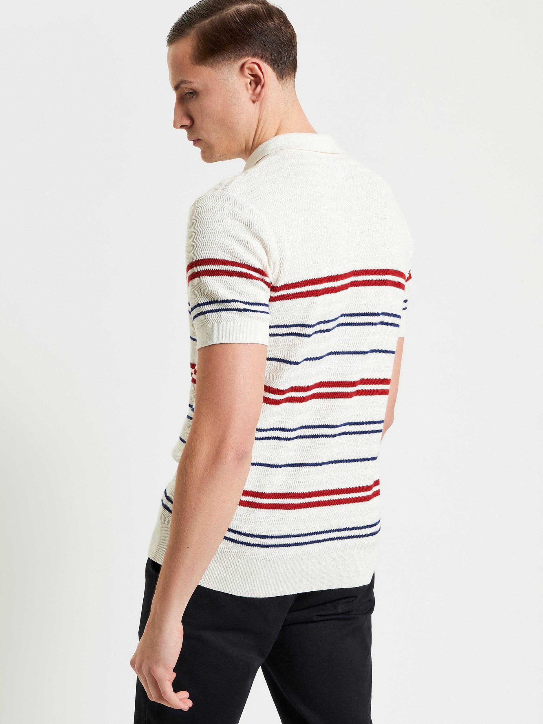 Product image 3 of 5, which shows Ben Sherman Herringbone Stripe Knitted Polo Shirt, Ivory/Multi, S