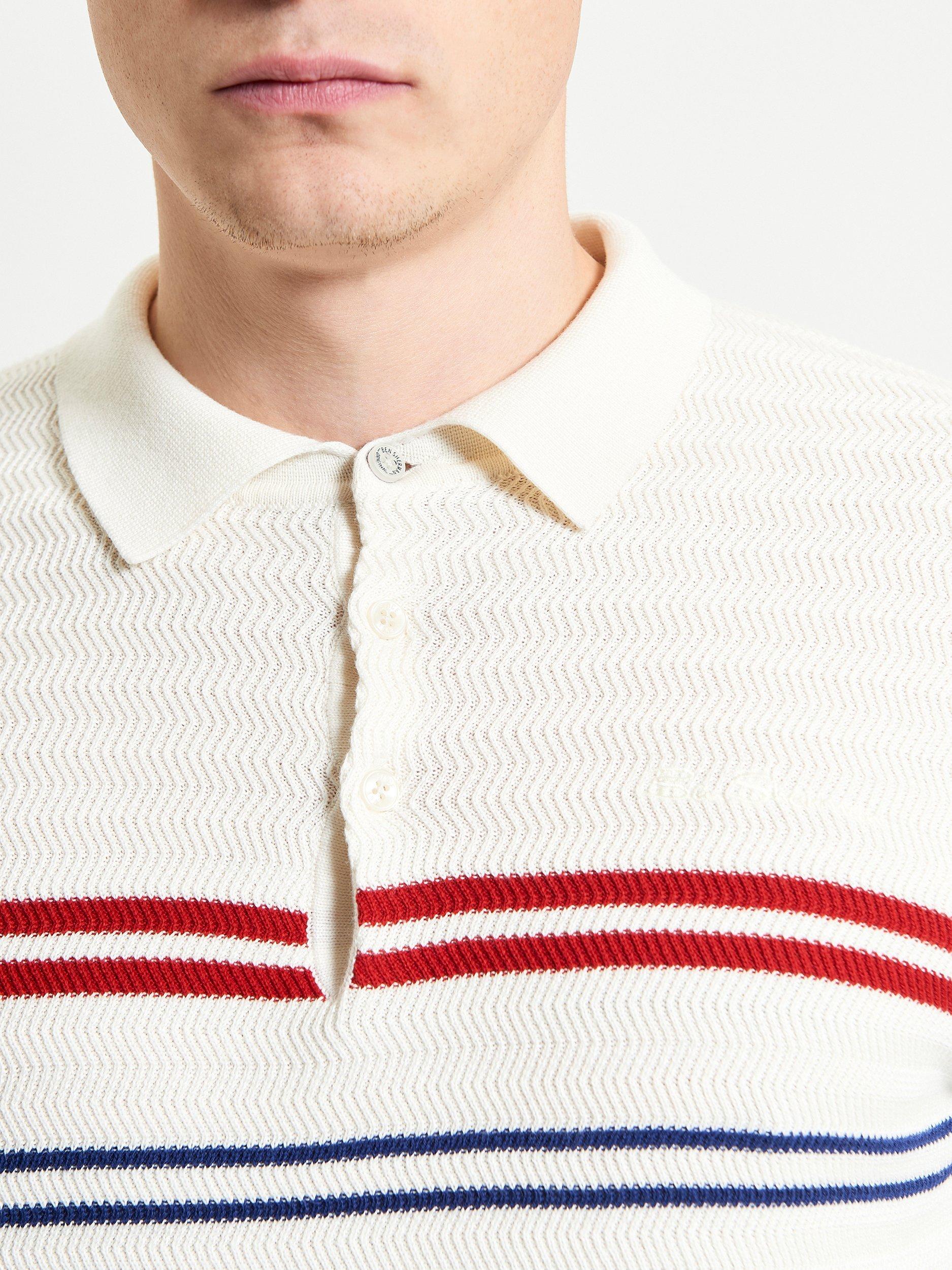 Product image 4 of 5, which shows Ben Sherman Herringbone Stripe Knitted Polo Shirt, Ivory/Multi, S