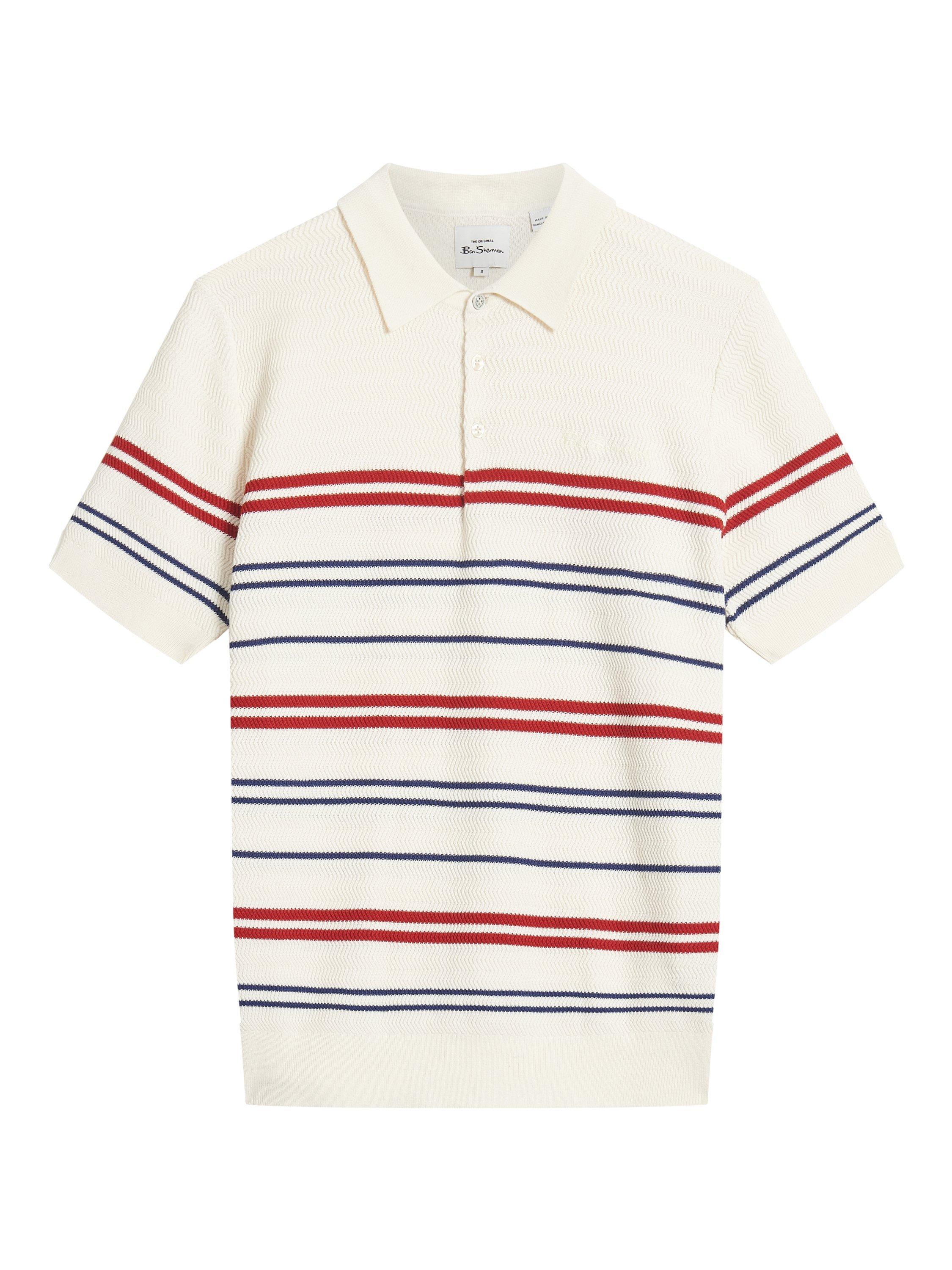 Product image 5 of 5, which shows Ben Sherman Herringbone Stripe Knitted Polo Shirt, Ivory/Multi, S