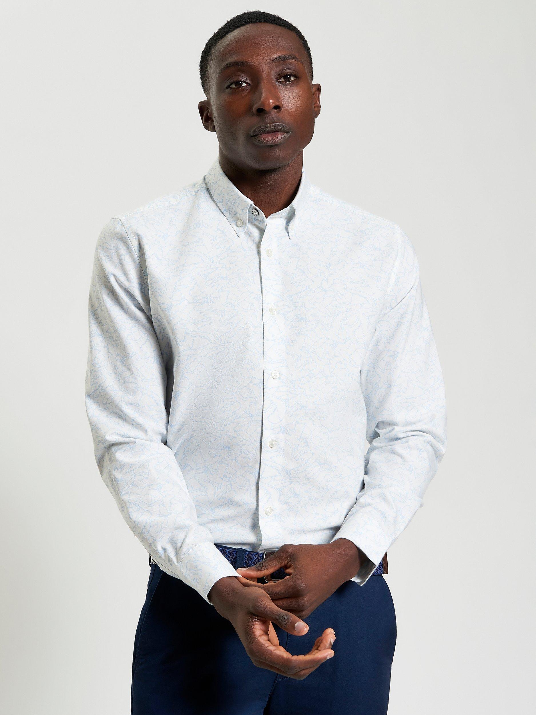 Product image 1 of 5, which shows Ben Sherman Cotton Regular Fit Seagull Print Shirt, Snow White/Blue, S